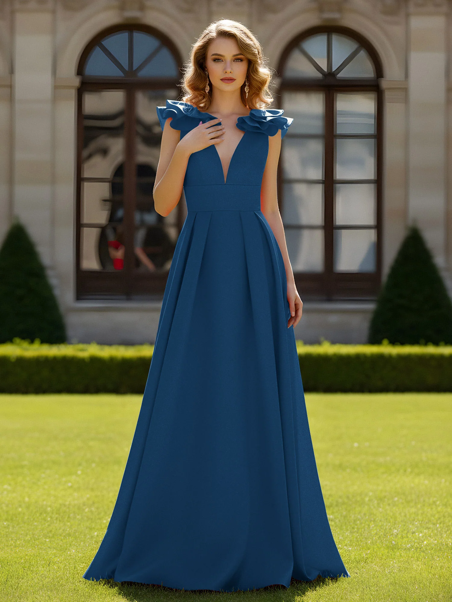 A-line Sculptural Shoulder Ruffle V-neck Long Dress Ink Blue