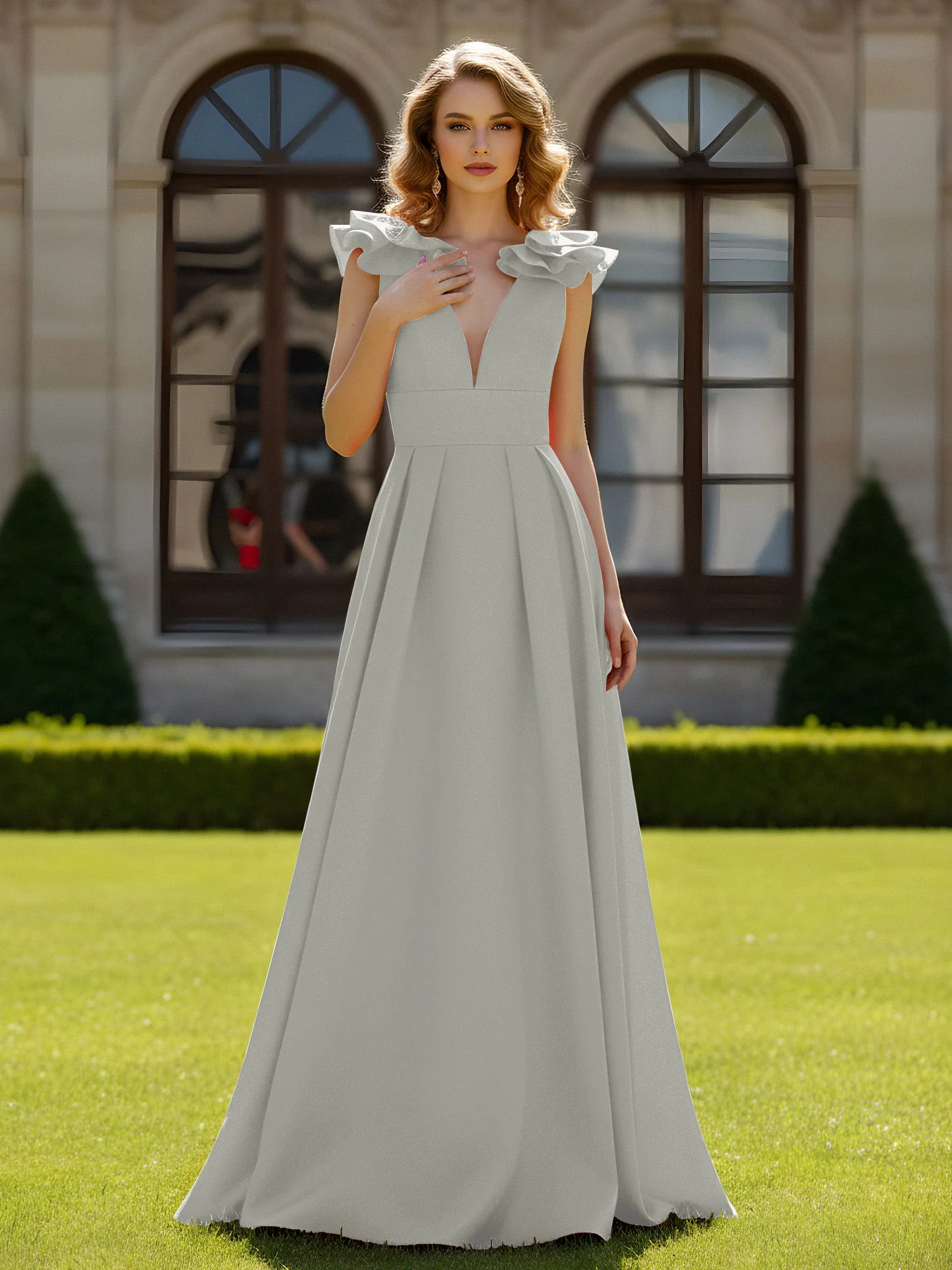 A-line Sculptural Shoulder Ruffle V-neck Long Dress Silver