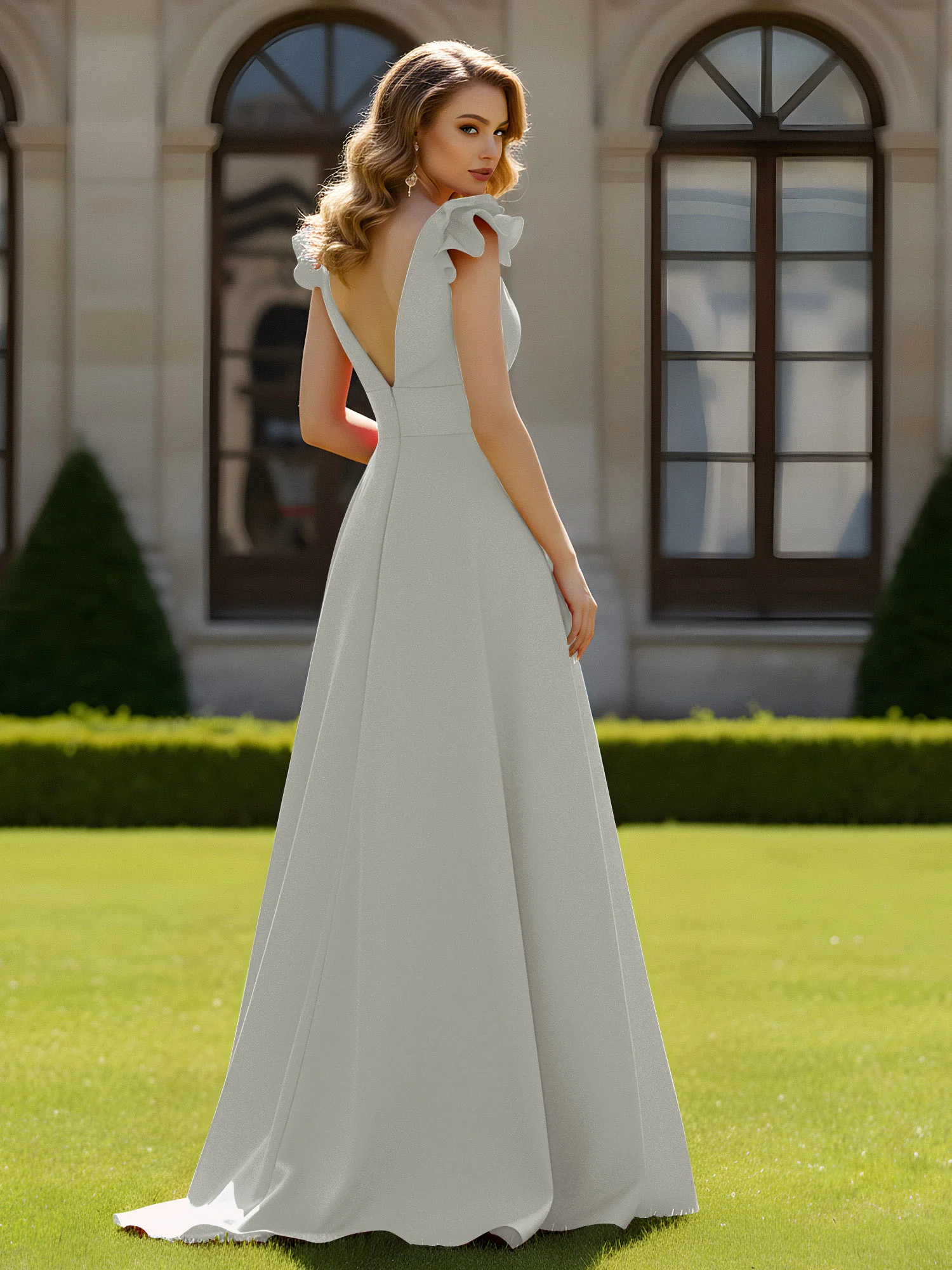 A-line Sculptural Shoulder Ruffle V-neck Long Dress Silver - Image 2