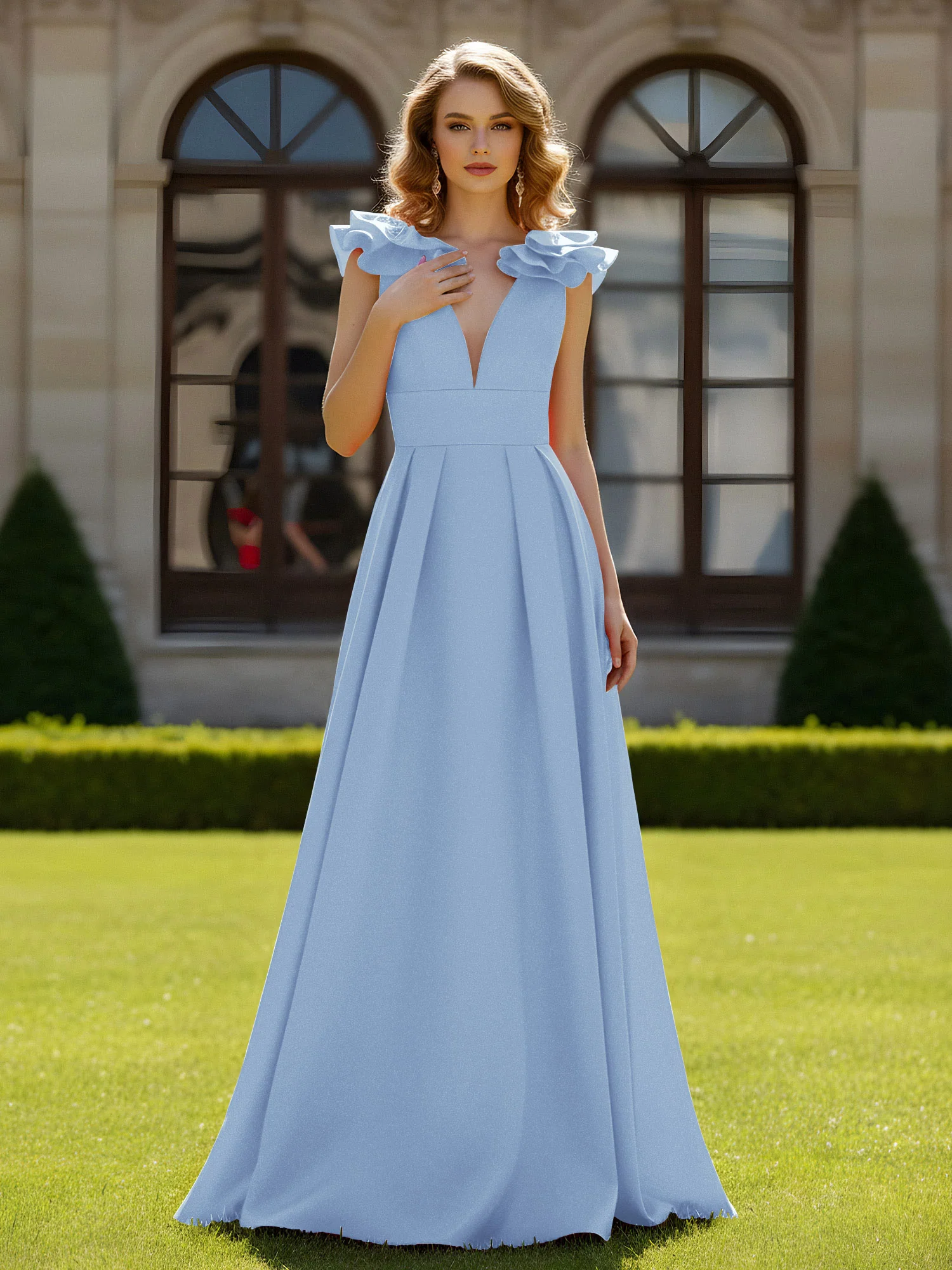 A-line Sculptural Shoulder Ruffle V-neck Long Dress Sky Blue