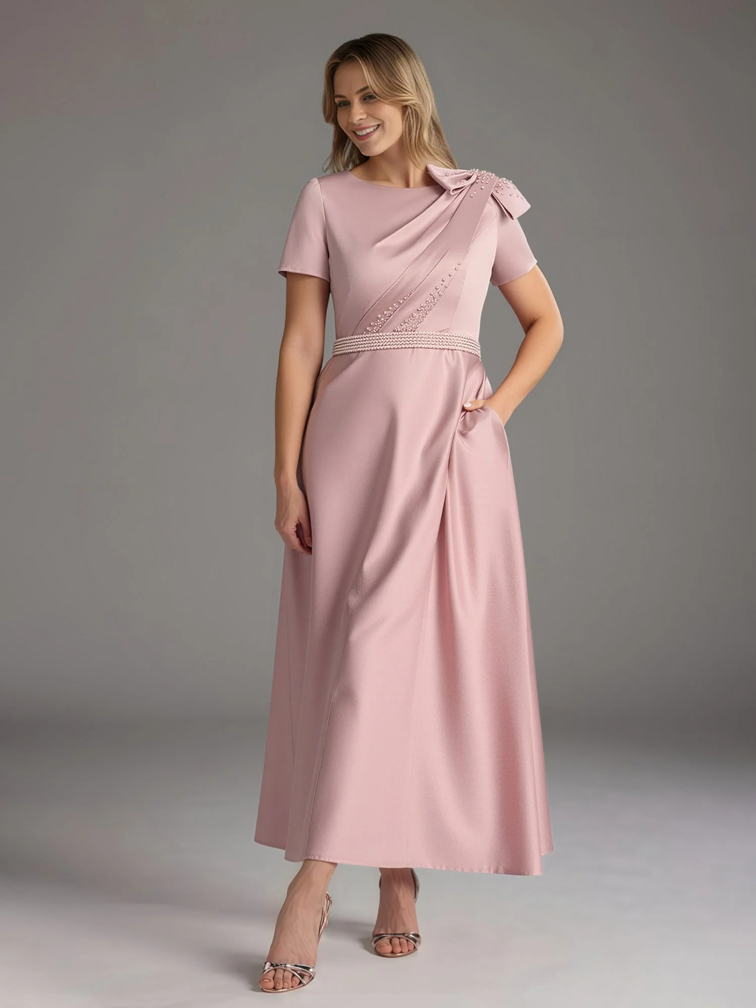 A-Line Short Sleeves Bowknot Beaded Dress With Pockets Chocolate - Image 3