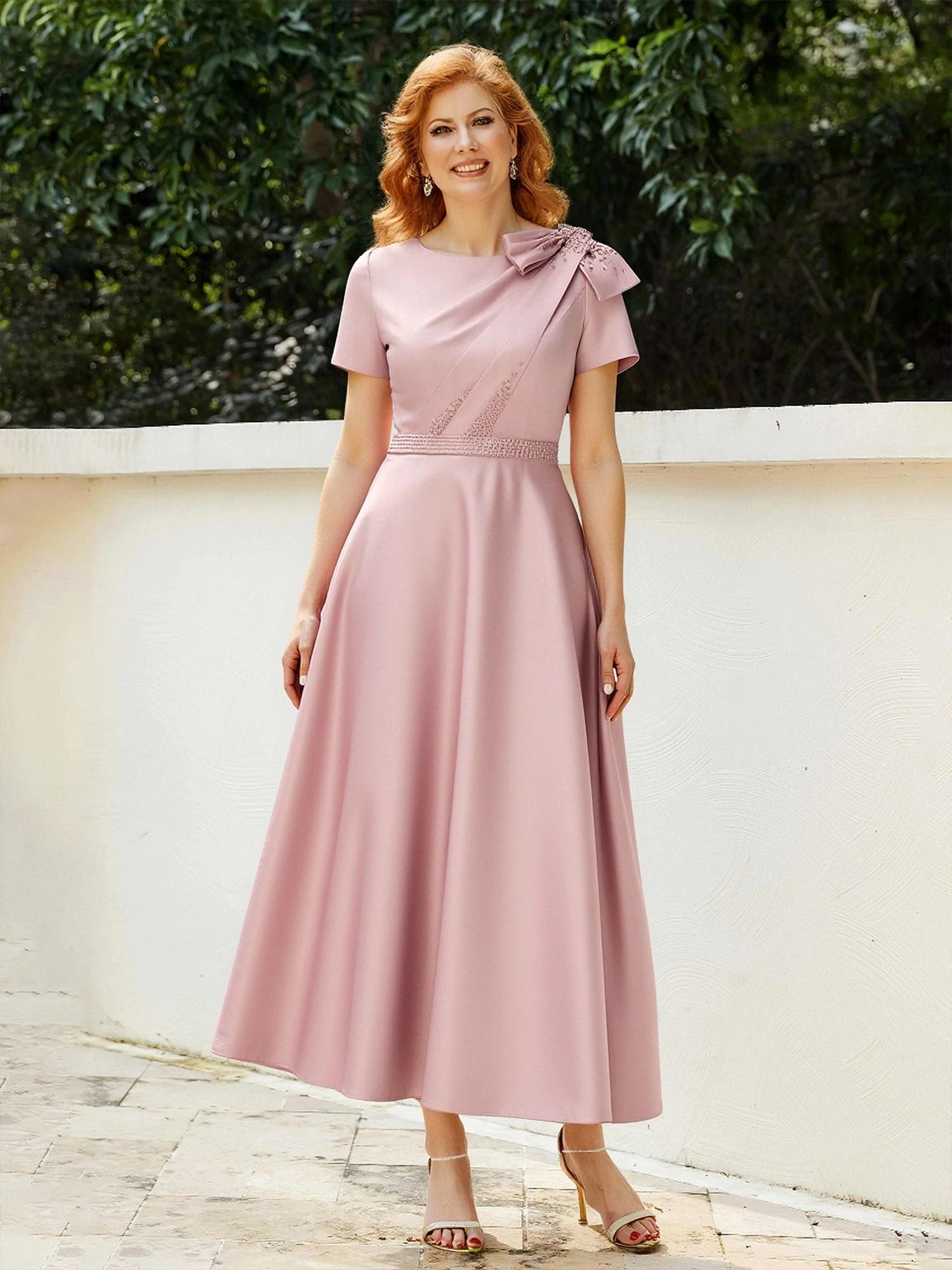 A-Line Short Sleeves Bowknot Beaded Dress With Pockets Gold