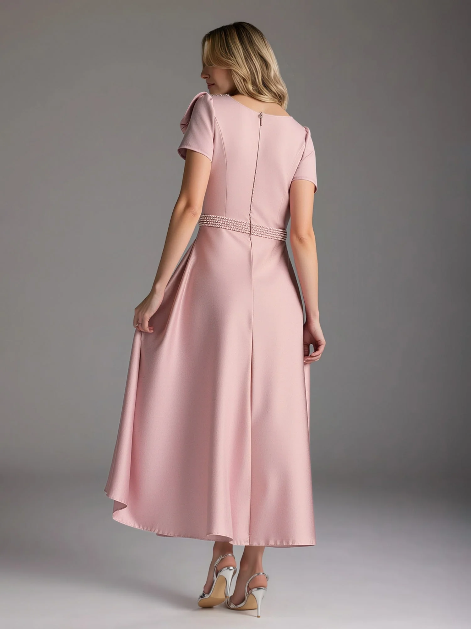 A-Line Short Sleeves Bowknot Beaded Dress With Pockets Tahiti - Image 4