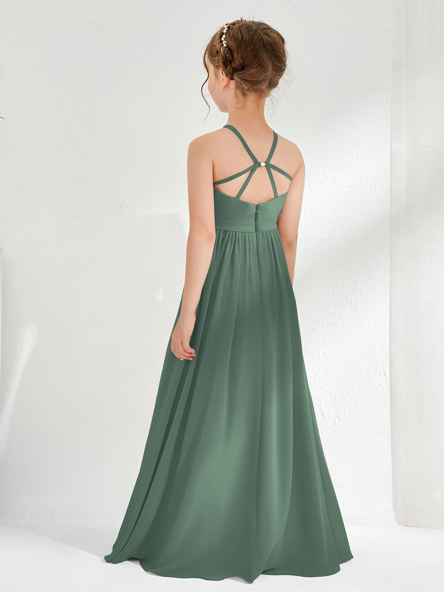 A-line Sleeveless Chiffon Long Junior Bridesmaid Dress Eucalyptus - Image 2