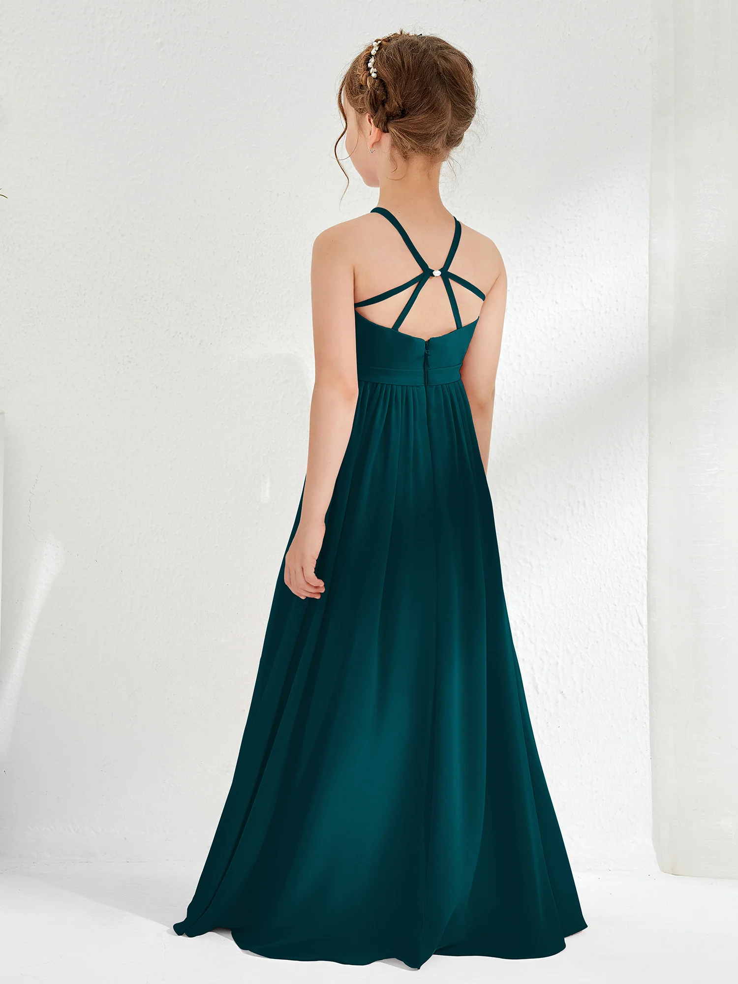 A-line Sleeveless Chiffon Long Junior Bridesmaid Dress Pine - Image 2