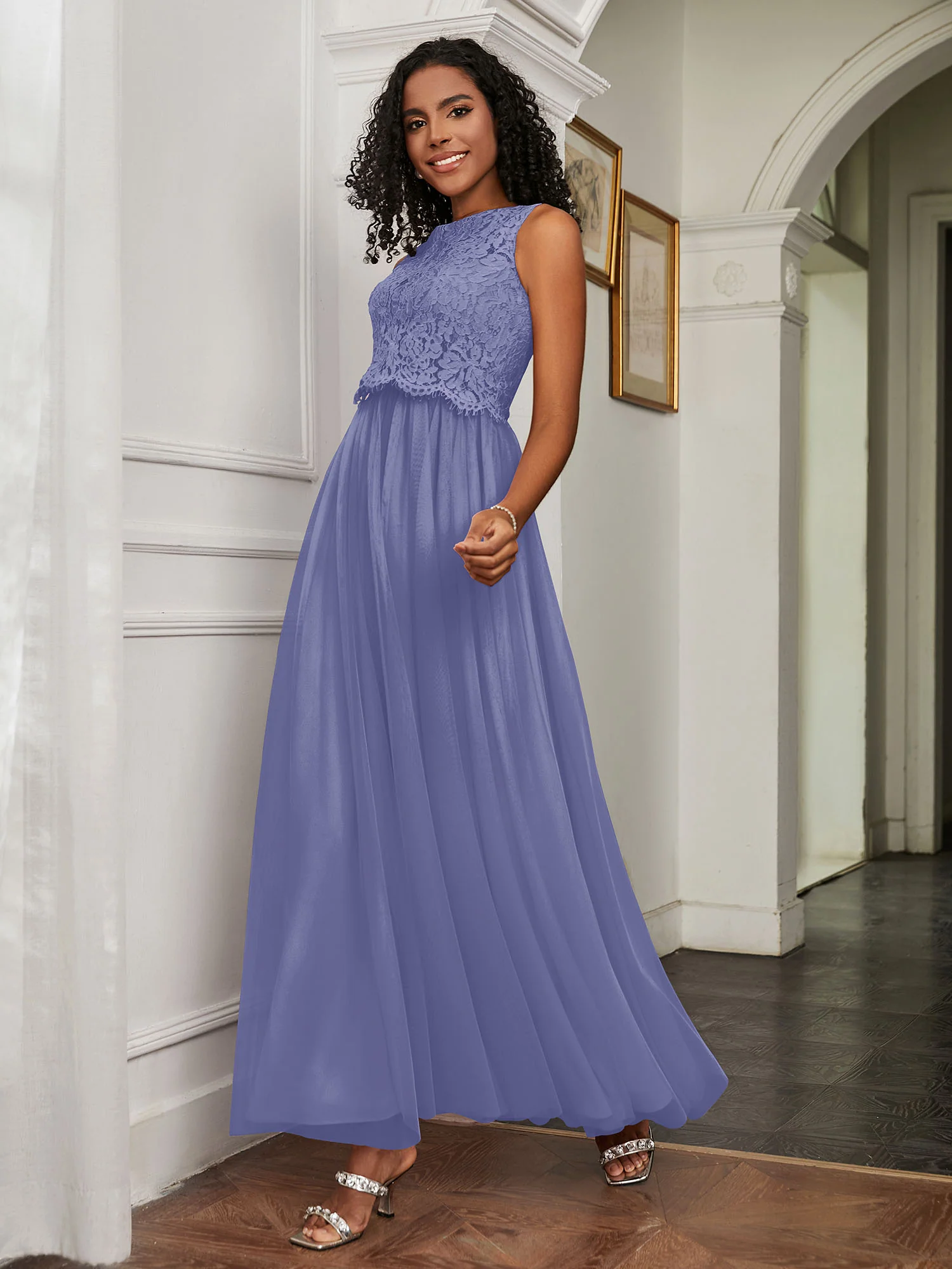 A-Line Sleeveless Tulle Floor-Length Dress Periwinkle - Image 3