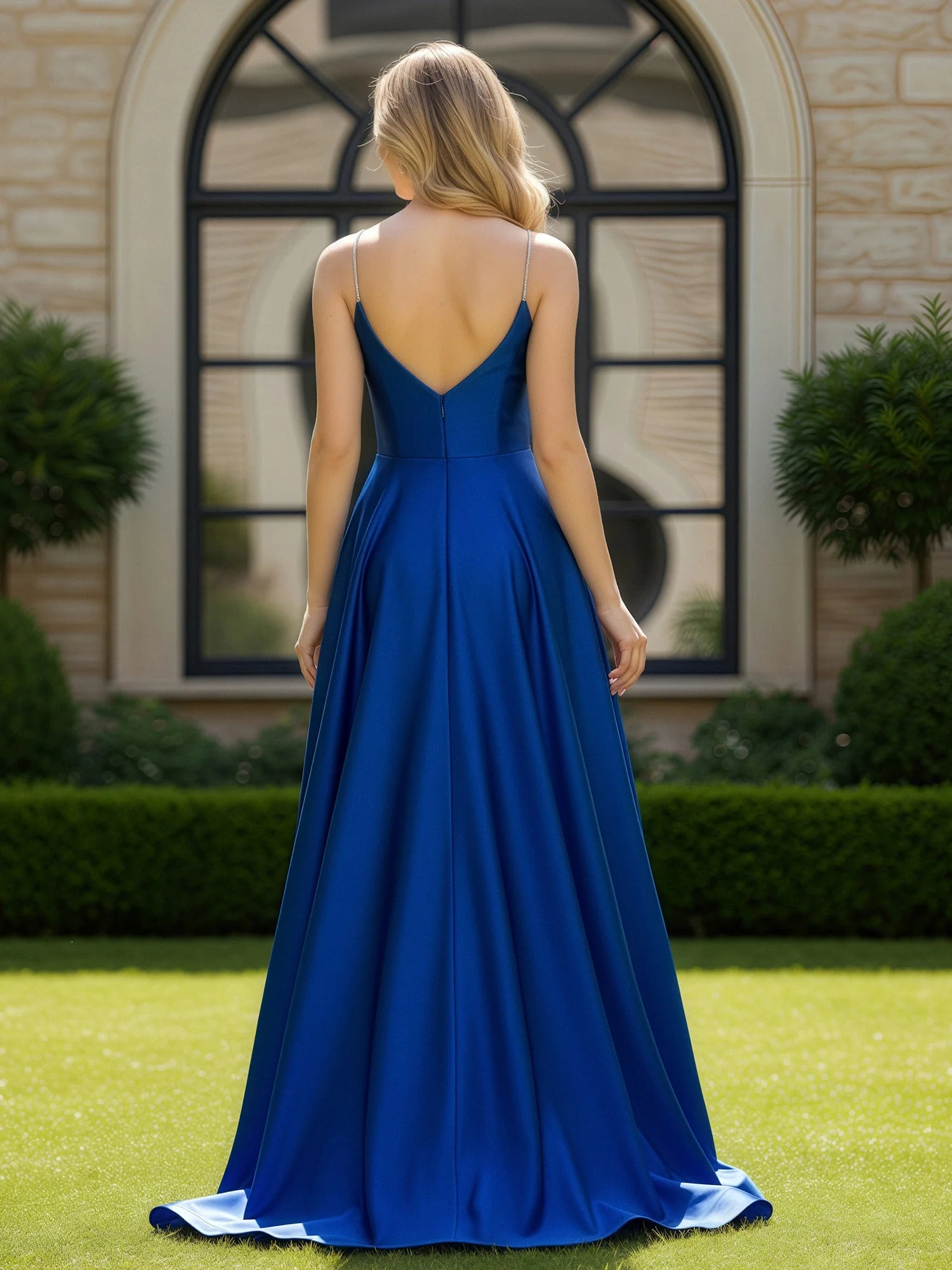 A-Line Spaghetti Straps V-neck Sweep Train Gown Orange - Image 2