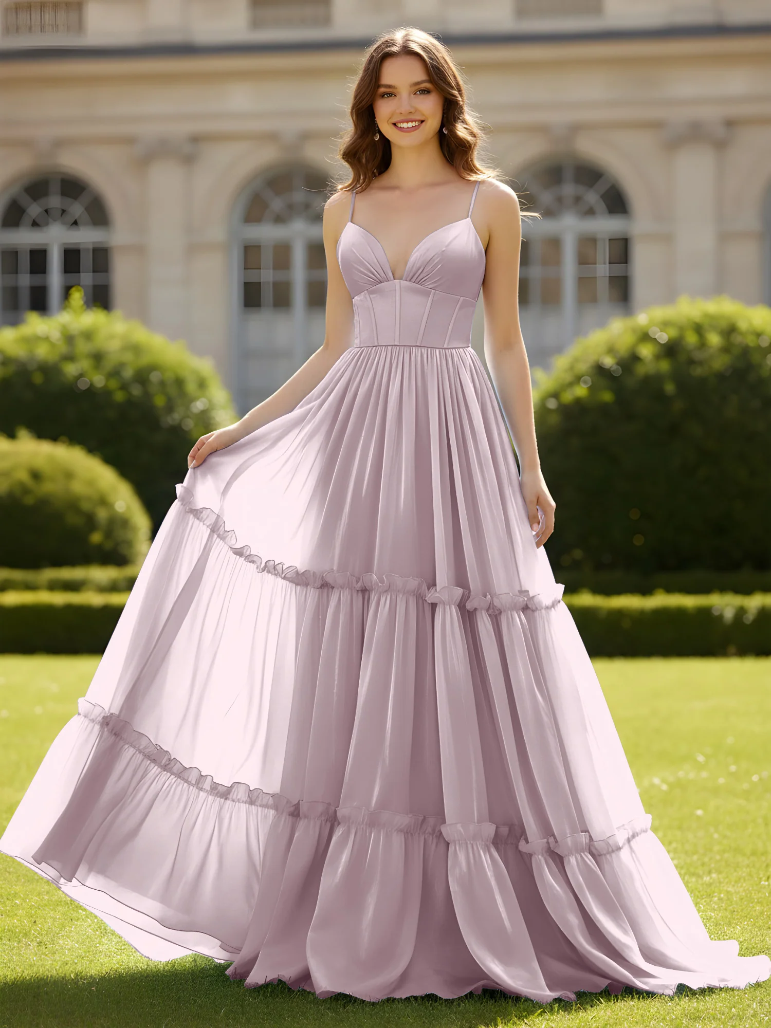A-Line Spaghetti Straps V-neck Tiered Dress Dusk