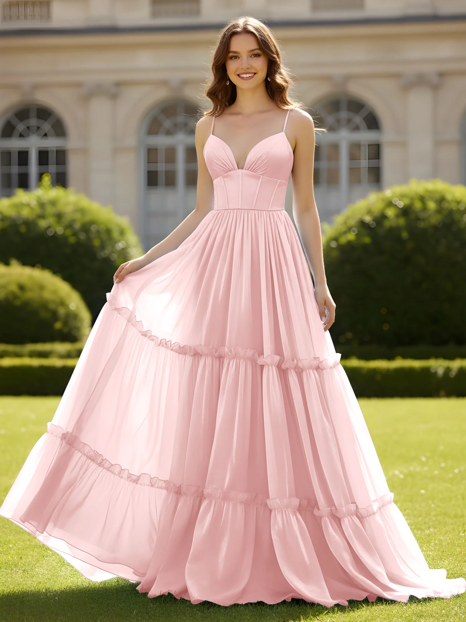A-Line Spaghetti Straps V-neck Tiered Dress Dusty Rose