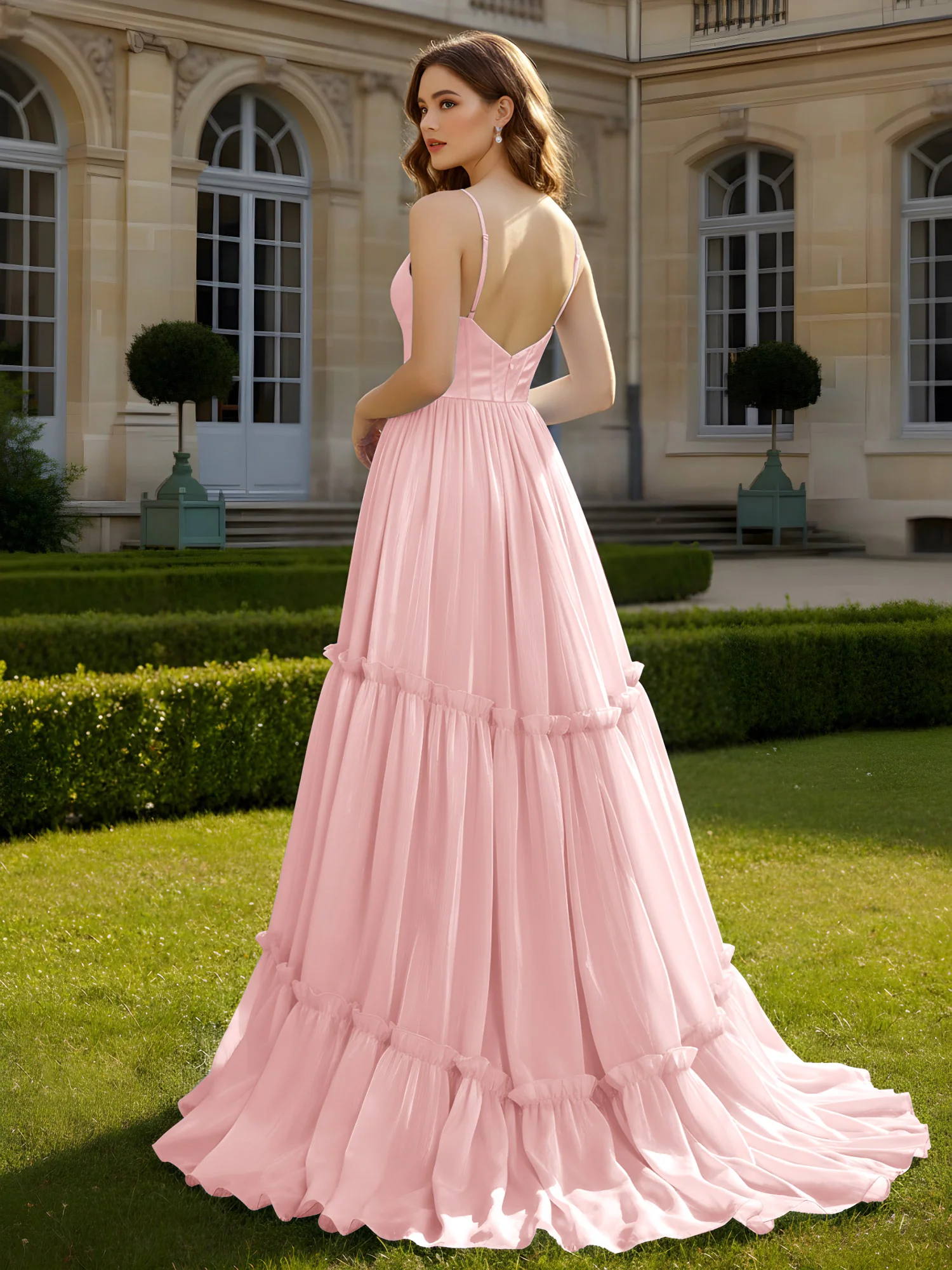 A-Line Spaghetti Straps V-neck Tiered Dress Dusty Rose - Image 2