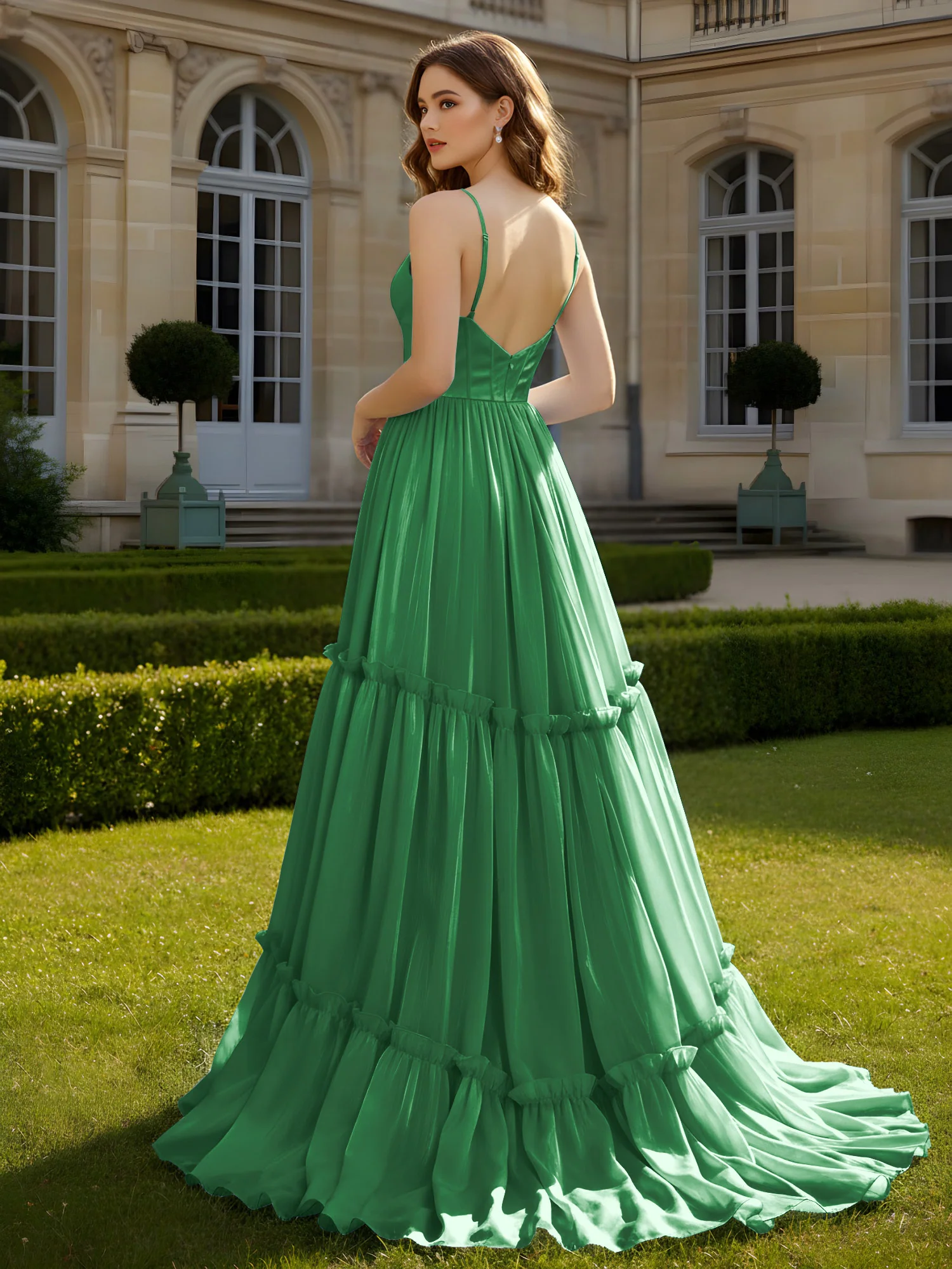 A-Line Spaghetti Straps V-neck Tiered Dress Emerald - Image 2
