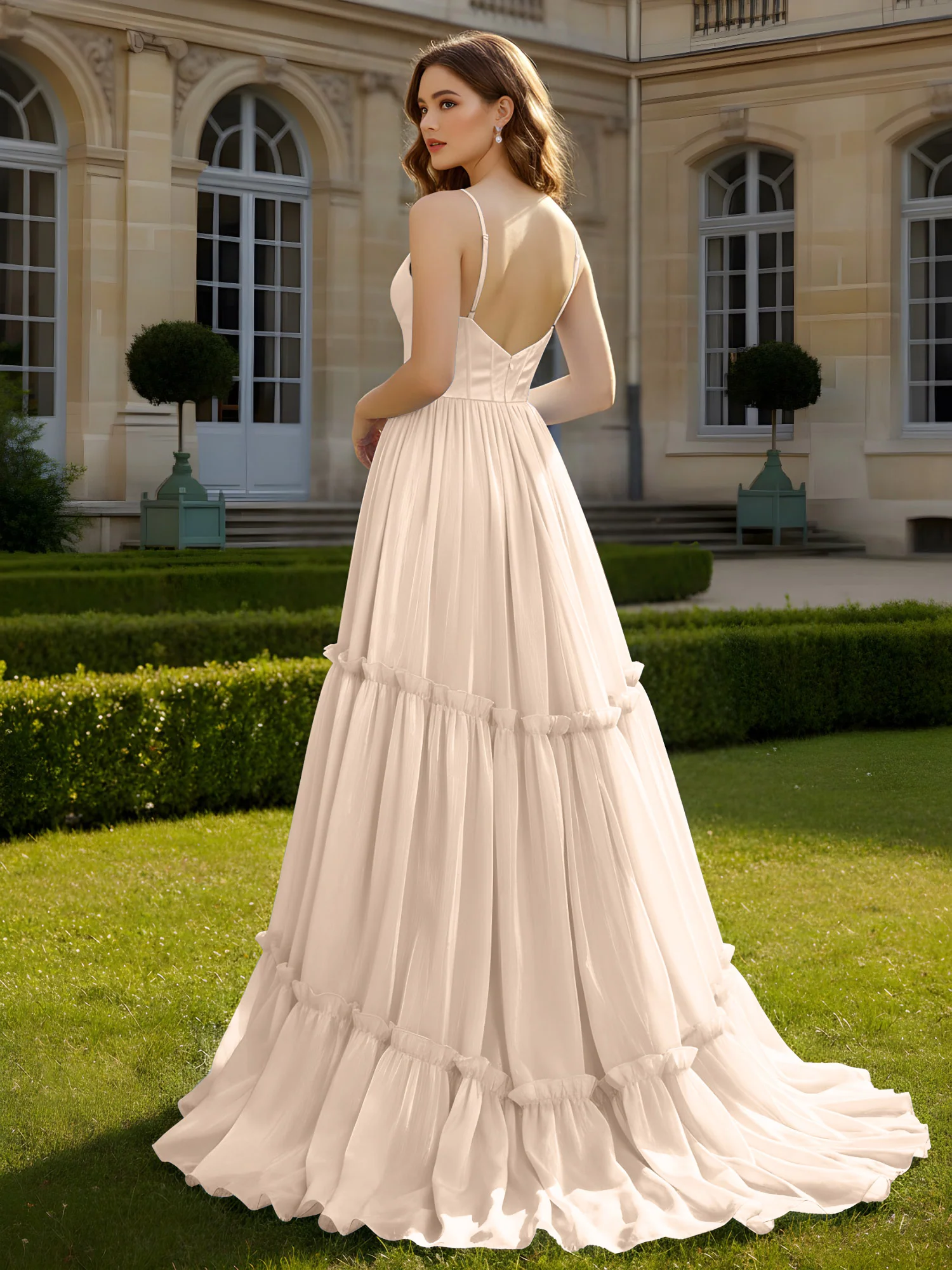 A-Line Spaghetti Straps V-neck Tiered Dress Peach - Image 2