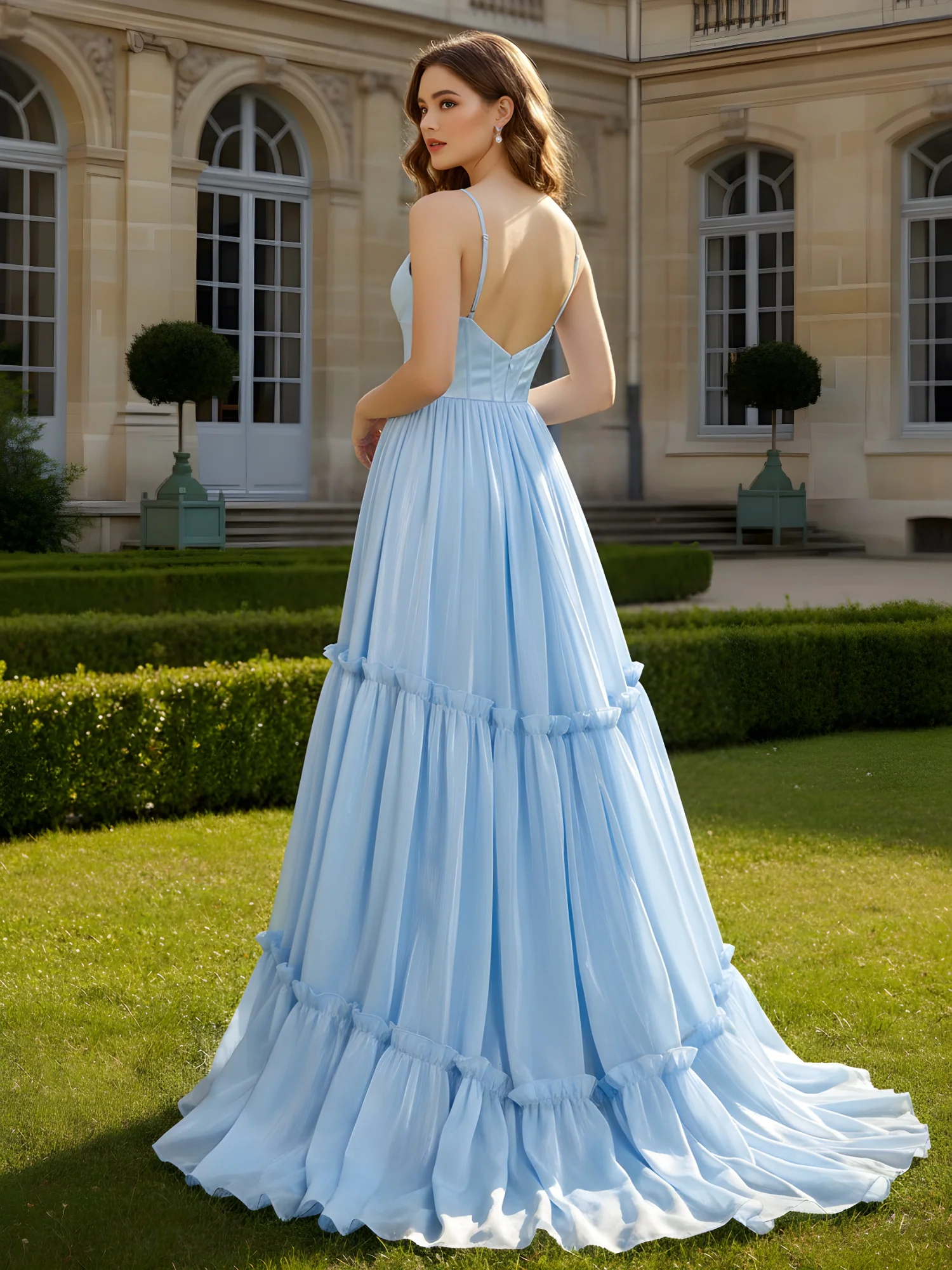 A-Line Spaghetti Straps V-neck Tiered Dress Sky Blue - Image 2