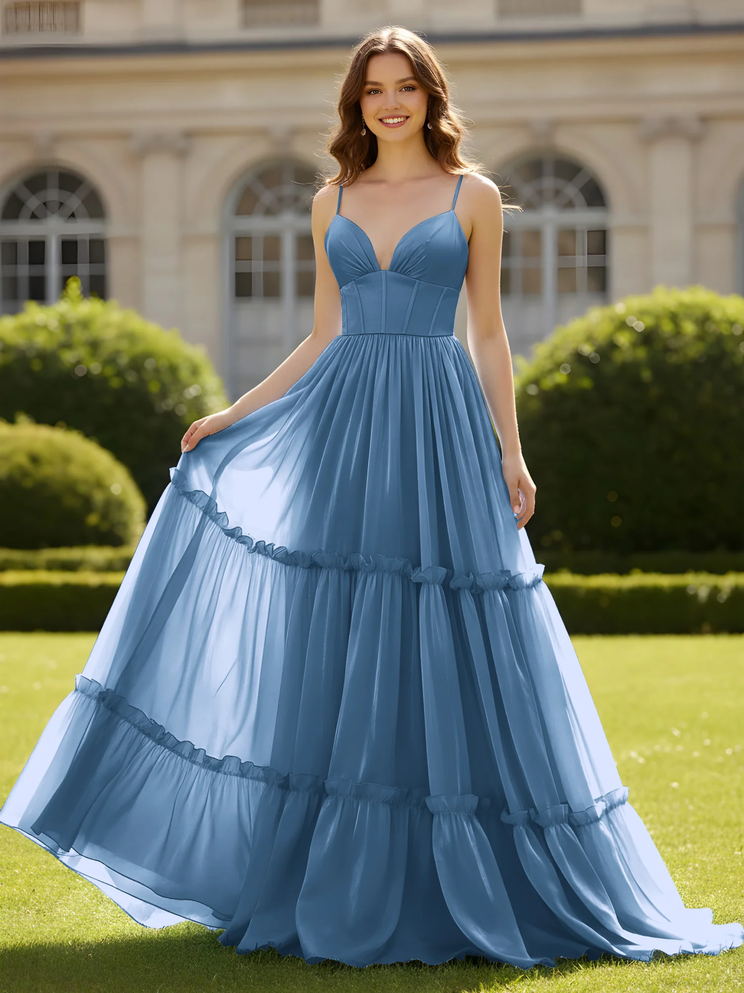 A-Line Spaghetti Straps V-neck Tiered Dress Slate Blue