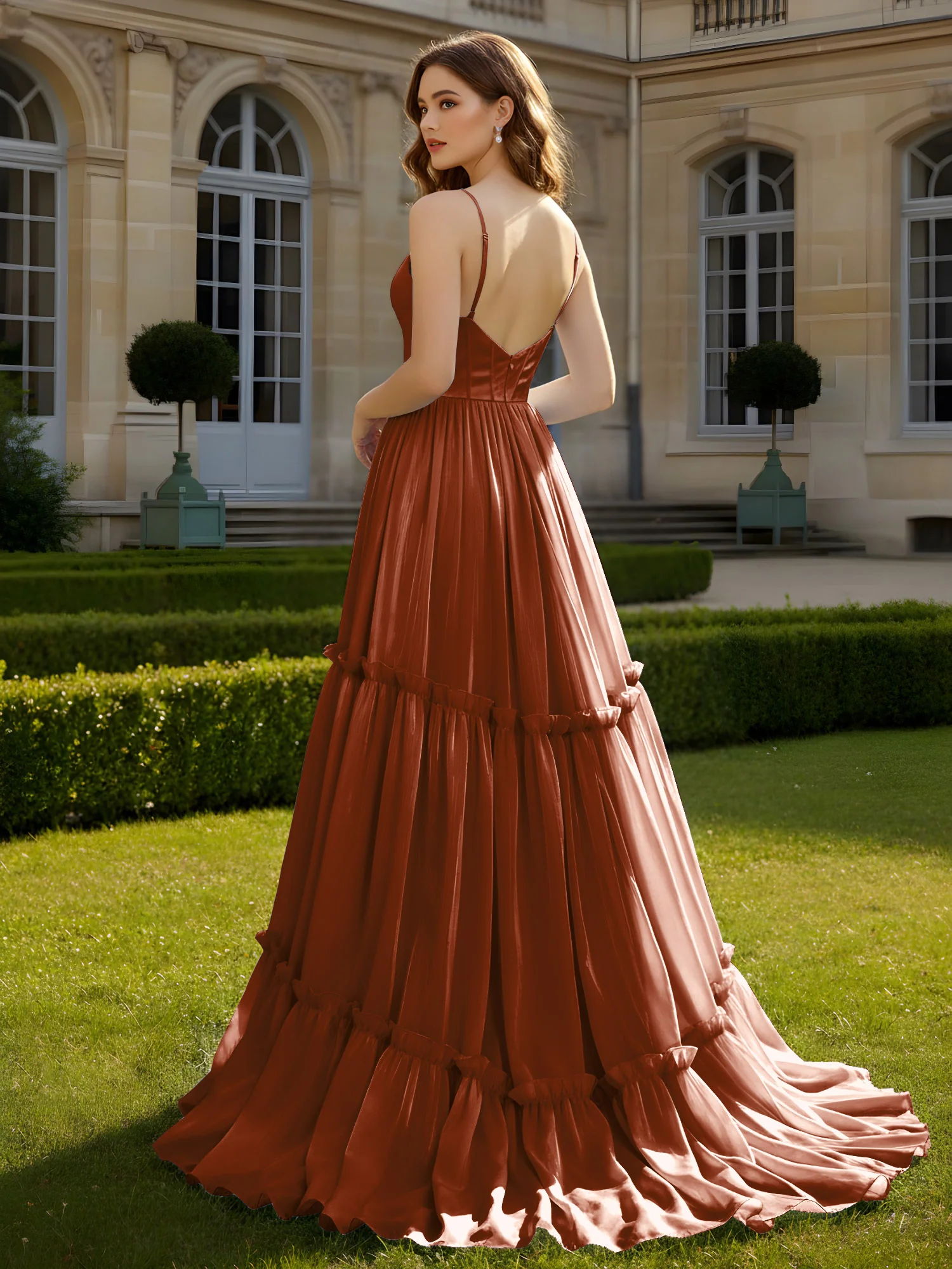 A-Line Spaghetti Straps V-neck Tiered Dress Terracotta - Image 2