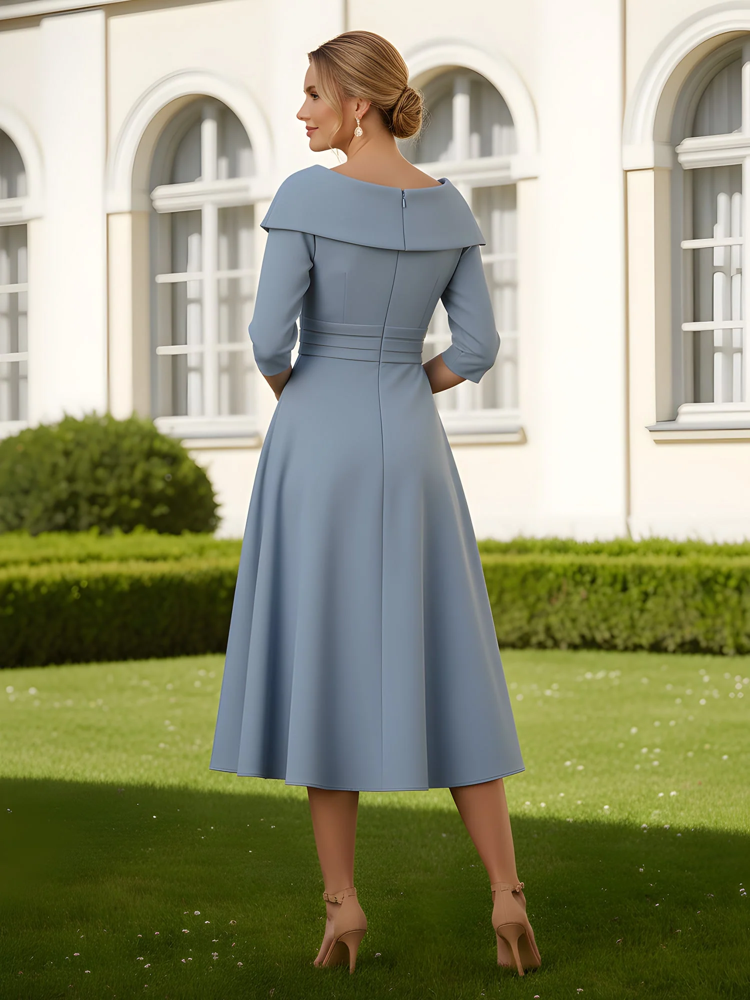 A-Line Sweetheart Neck Pleated Tea-Length Dress Steel Grey - Image 2