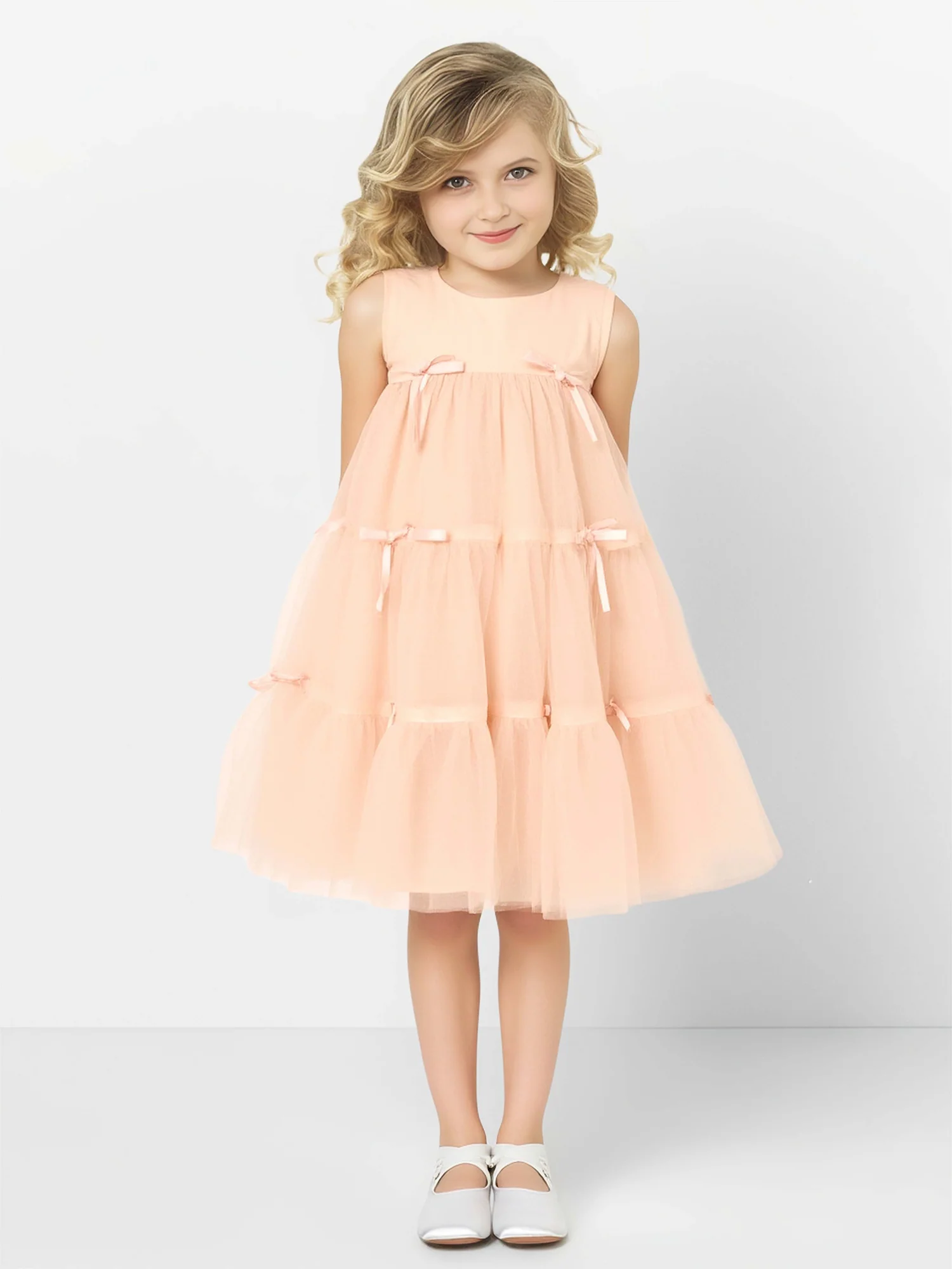 A-Line Tulle Knee-Length Flower Girl Dress With Bow Pearl Pink