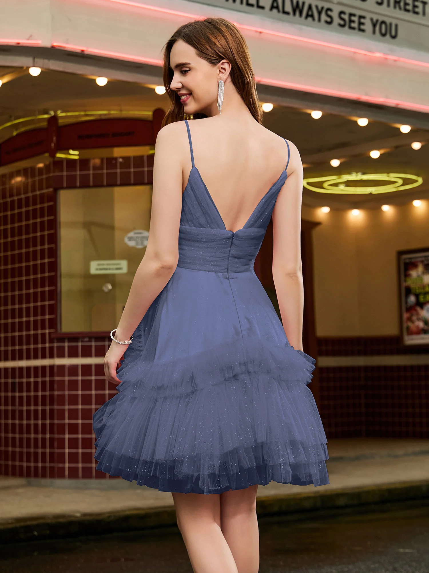 A-line Tulle Tiered Stitching Glitter Short Dress Periwinkle - Image 2