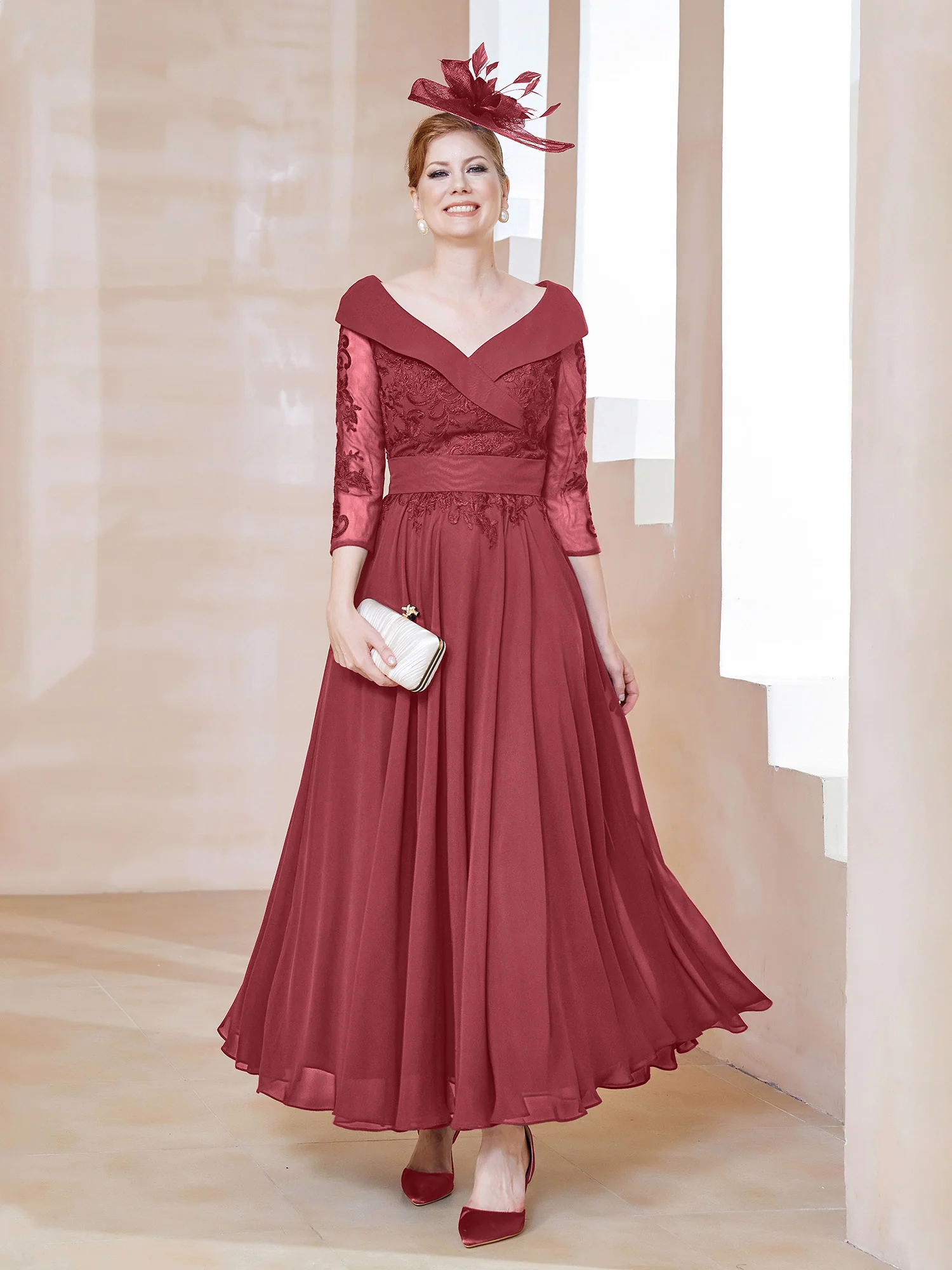 A-line V-neck Appliqued Chiffon Dress Cinnamon Rose
