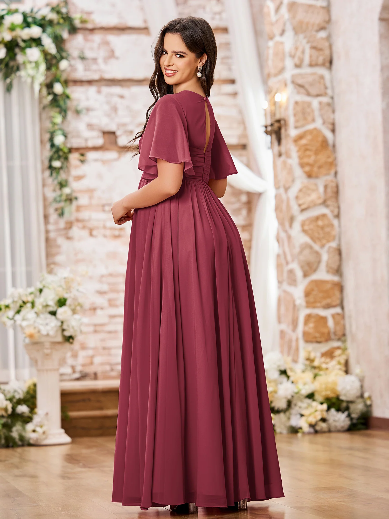 A-line V-neck Cap Sleeves Empire Chiffon Maxi Dresses Cinnamon Rose - Image 2