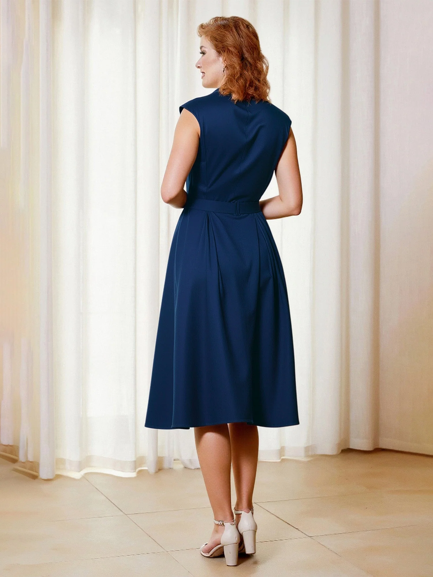 A-Line V-neck Cap Sleeves Knee-length Dress With Bow Orange - Image 2