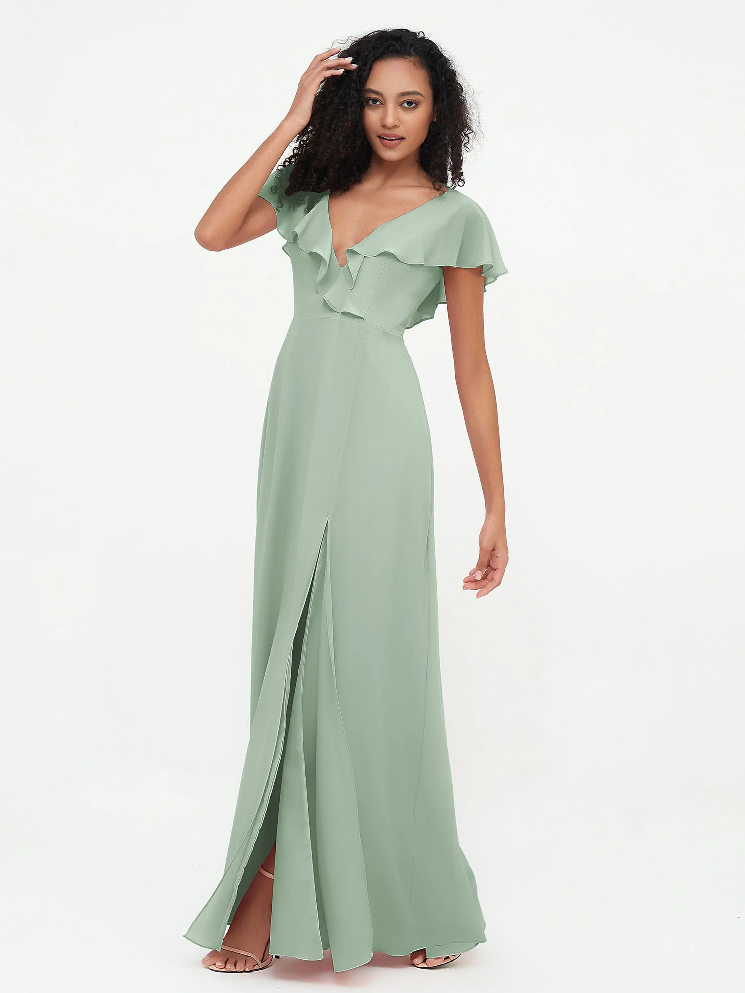 A-line V-neck Chiffon Dresses with Pockets-Agave