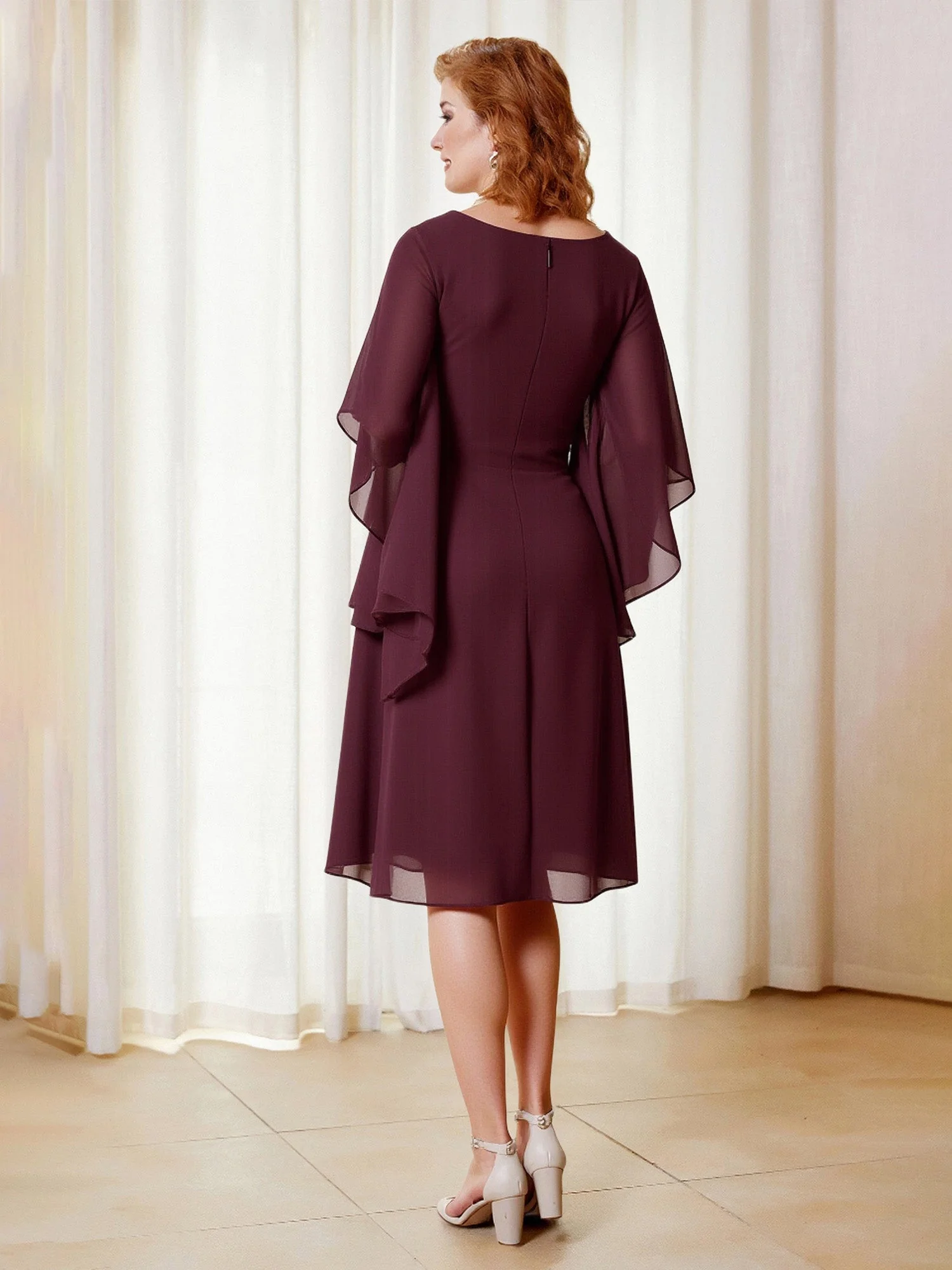 A-Line V-neck Flutter Sleeves Chiffon Knee-Length Dress Ocean Blue - Image 2