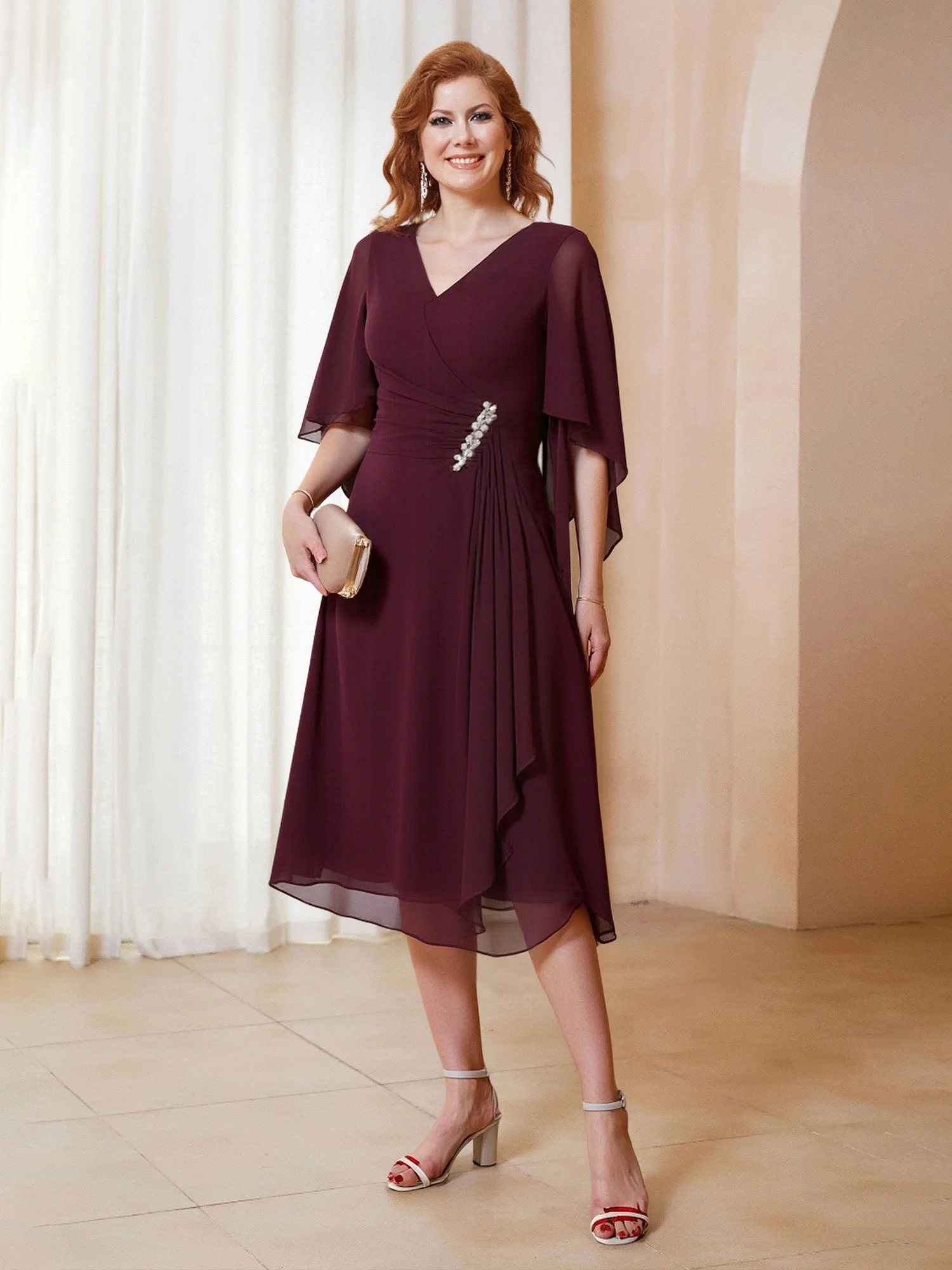 A-Line V-neck Flutter Sleeves Chiffon Knee-Length Dress Orange