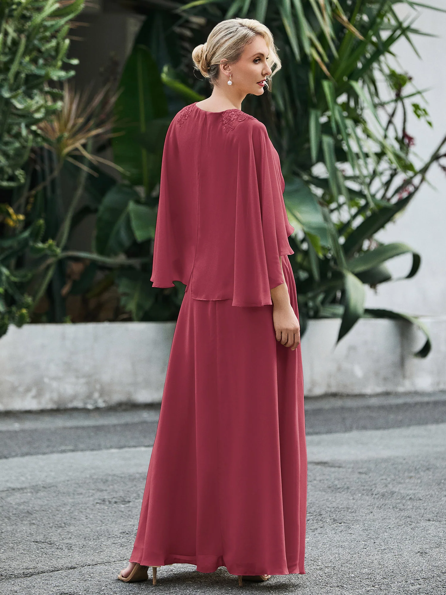 A-line V-neck Flutter Sleeves Dress with Beaded Cinnamon Rose - Image 2