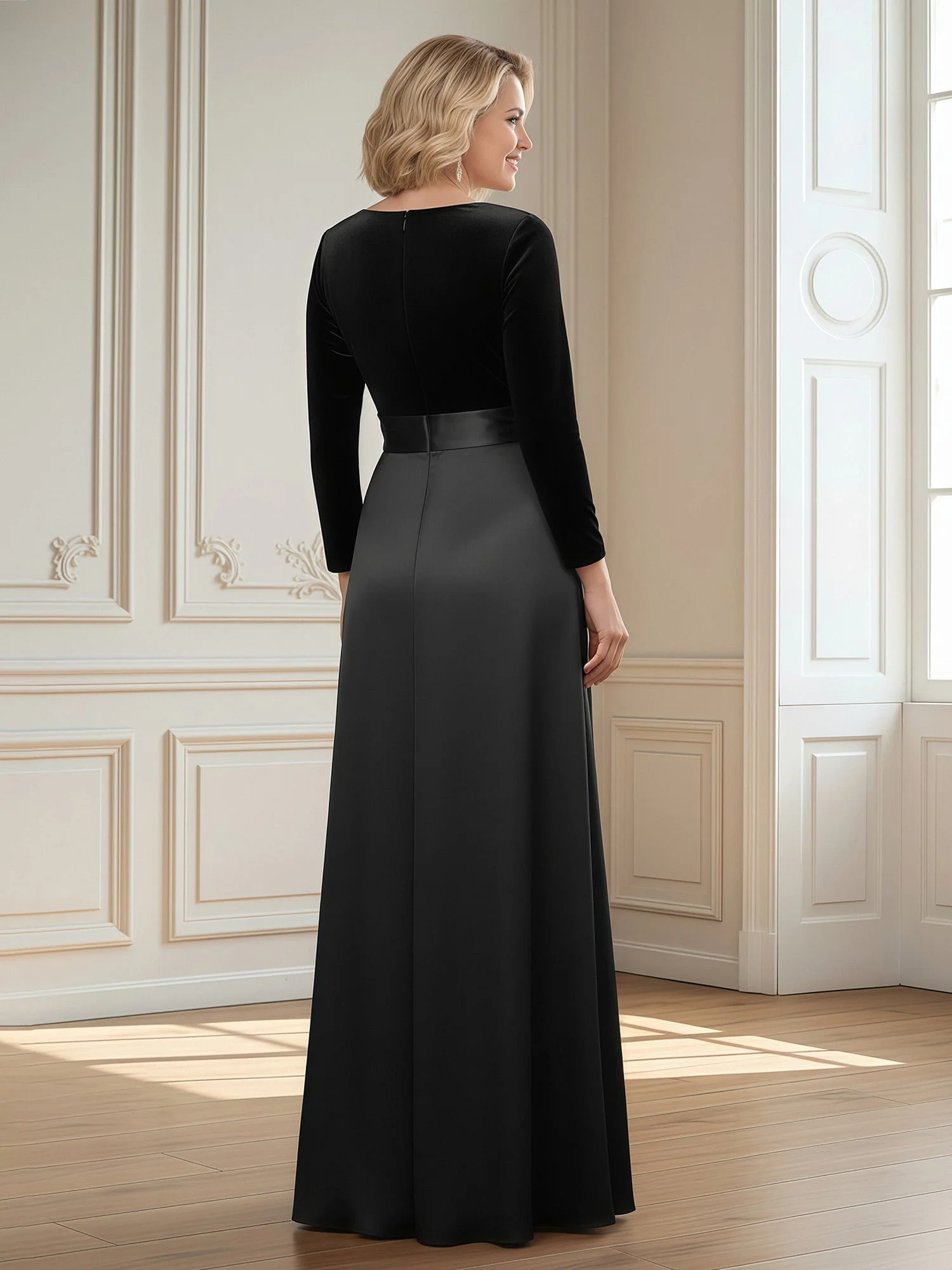 A-Line V-neck Long Velvet Satin Dress With Slit Papaya - Image 2