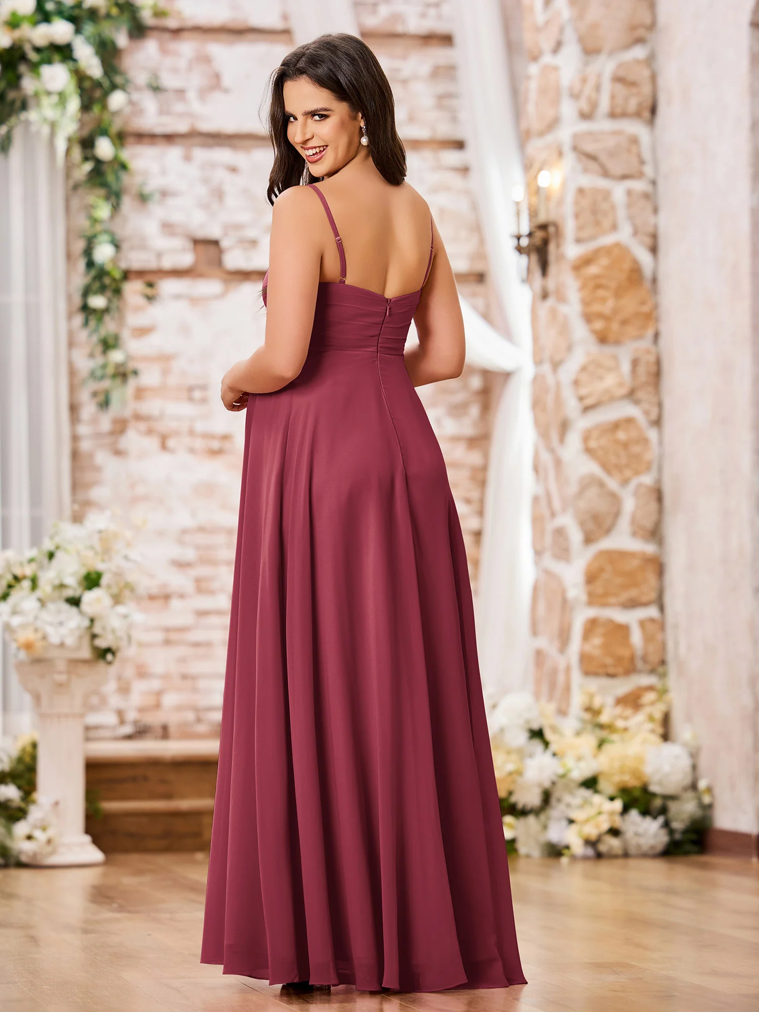 A-line V-neck Spaghetti Straps Empire Chiffon Dresses Cinnamon Rose - Image 2