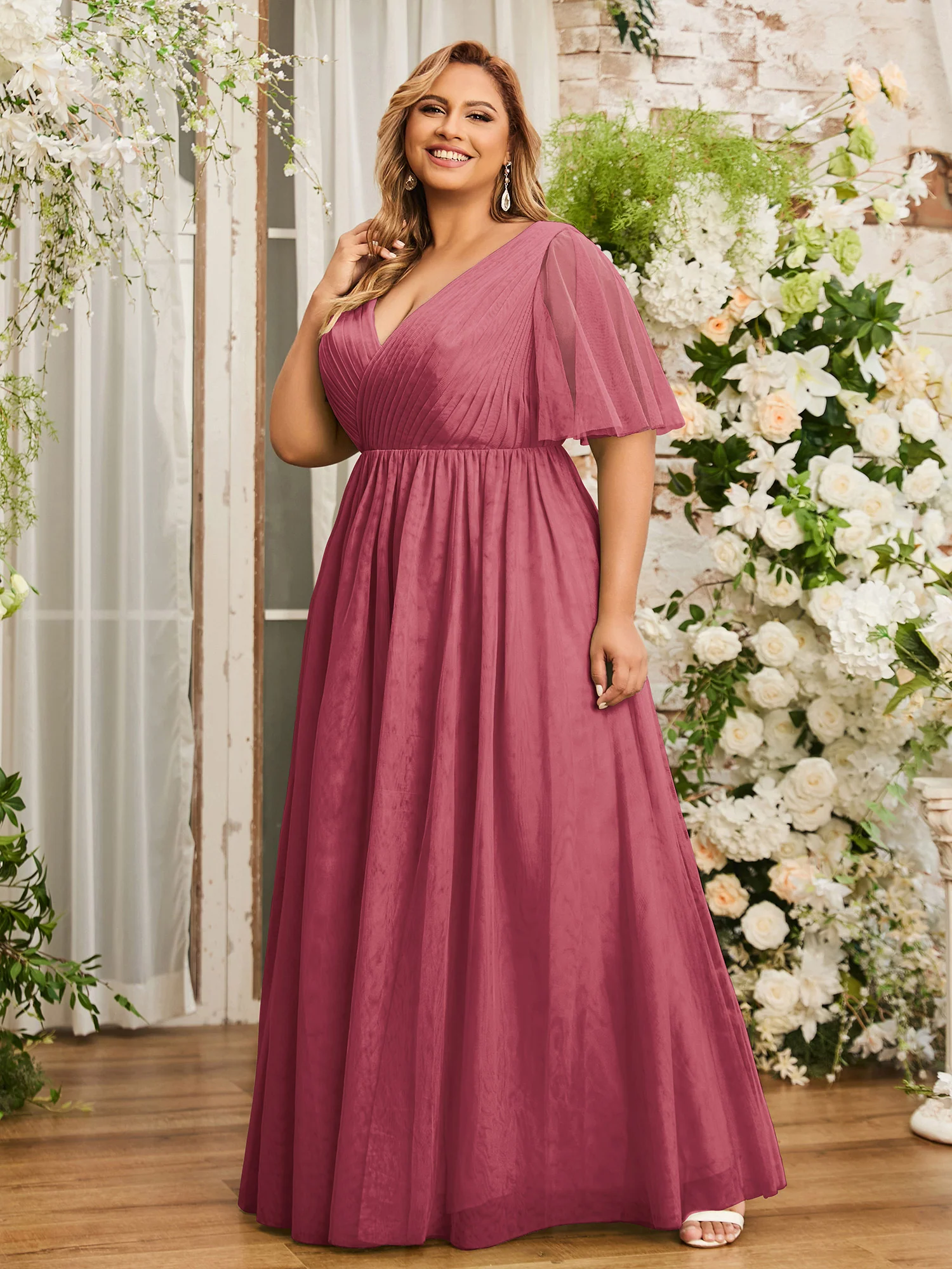 A-line V-neck Tulle Max Dresses with Deep-V Back-Cinnamon Rose - Image 3
