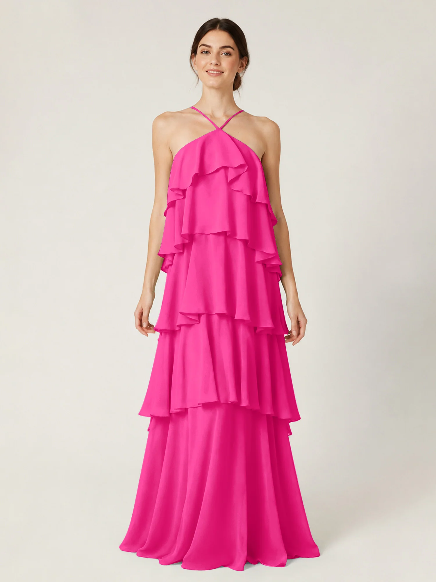 Tiered Chiffon Halter Maxi Dress with Ruffle Layers Fuchsia