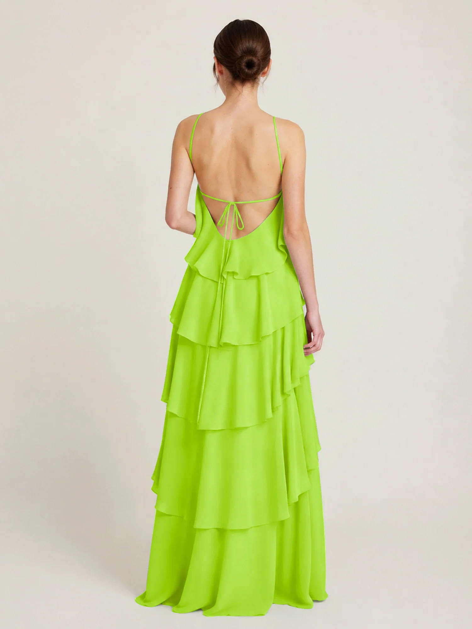 Tiered Chiffon Halter Maxi Dress with Ruffle Layers Lime Green - Image 2