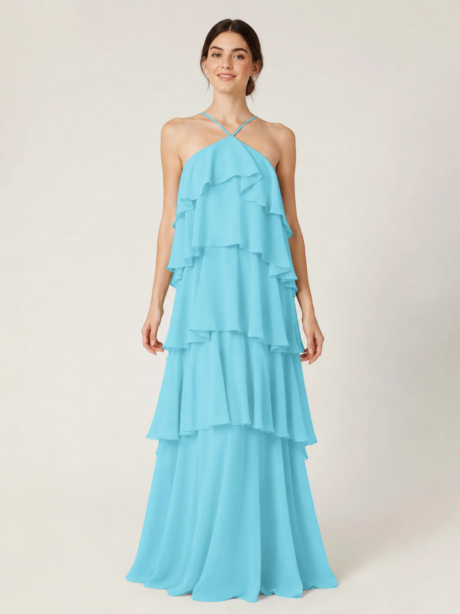 Tiered Chiffon Halter Maxi Dress with Ruffle Layers Pool
