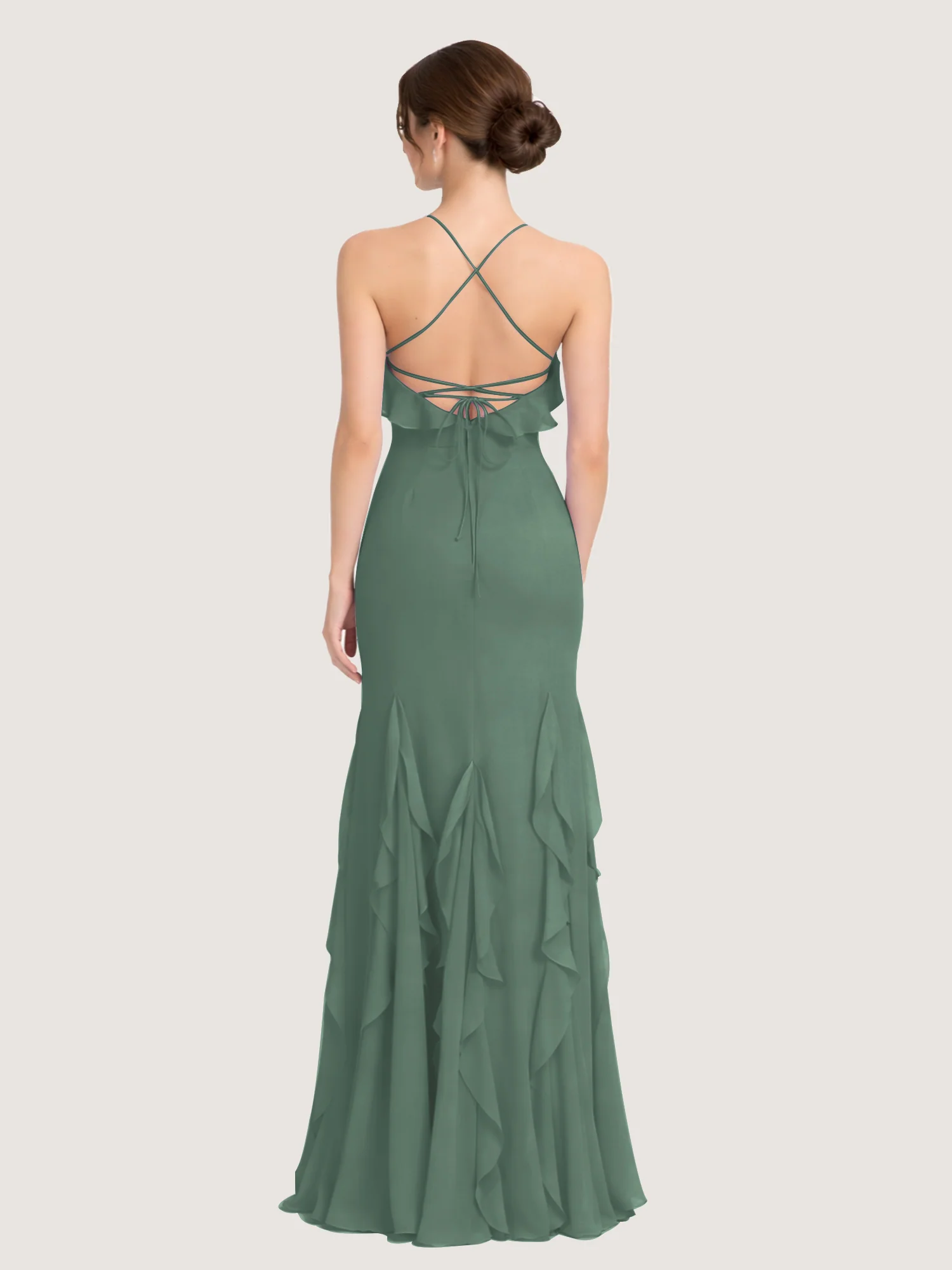 Criss-Cross Lace-Up Back Chiffon Dress with Ruffles Eucalyptus - Image 2