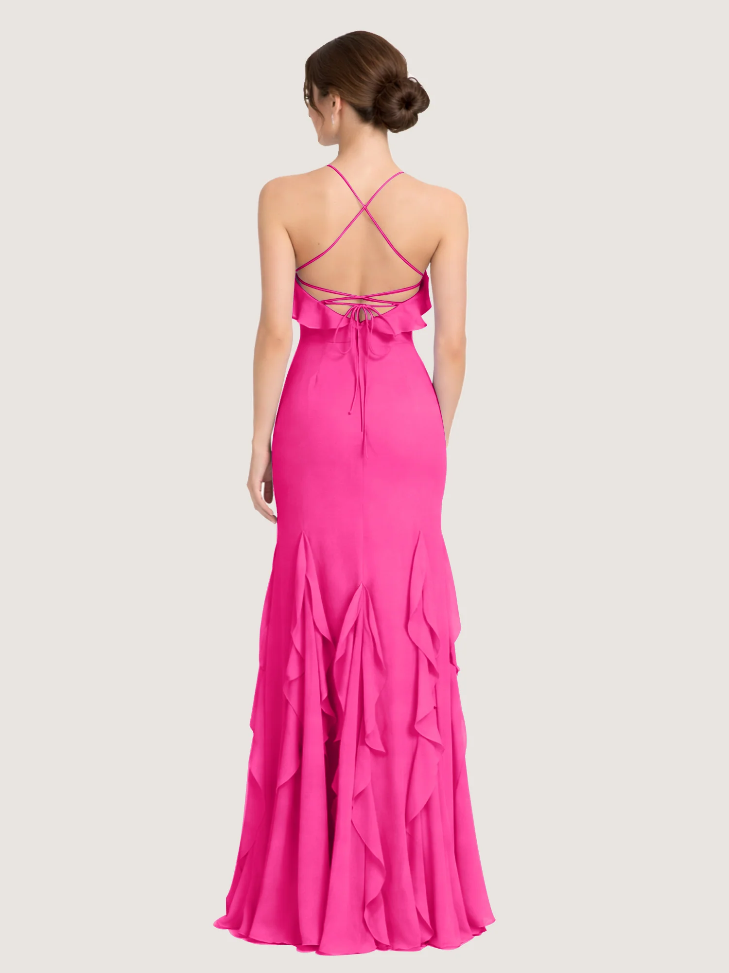 Criss-Cross Lace-Up Back Chiffon Dress with Ruffles Fuchsia - Image 2