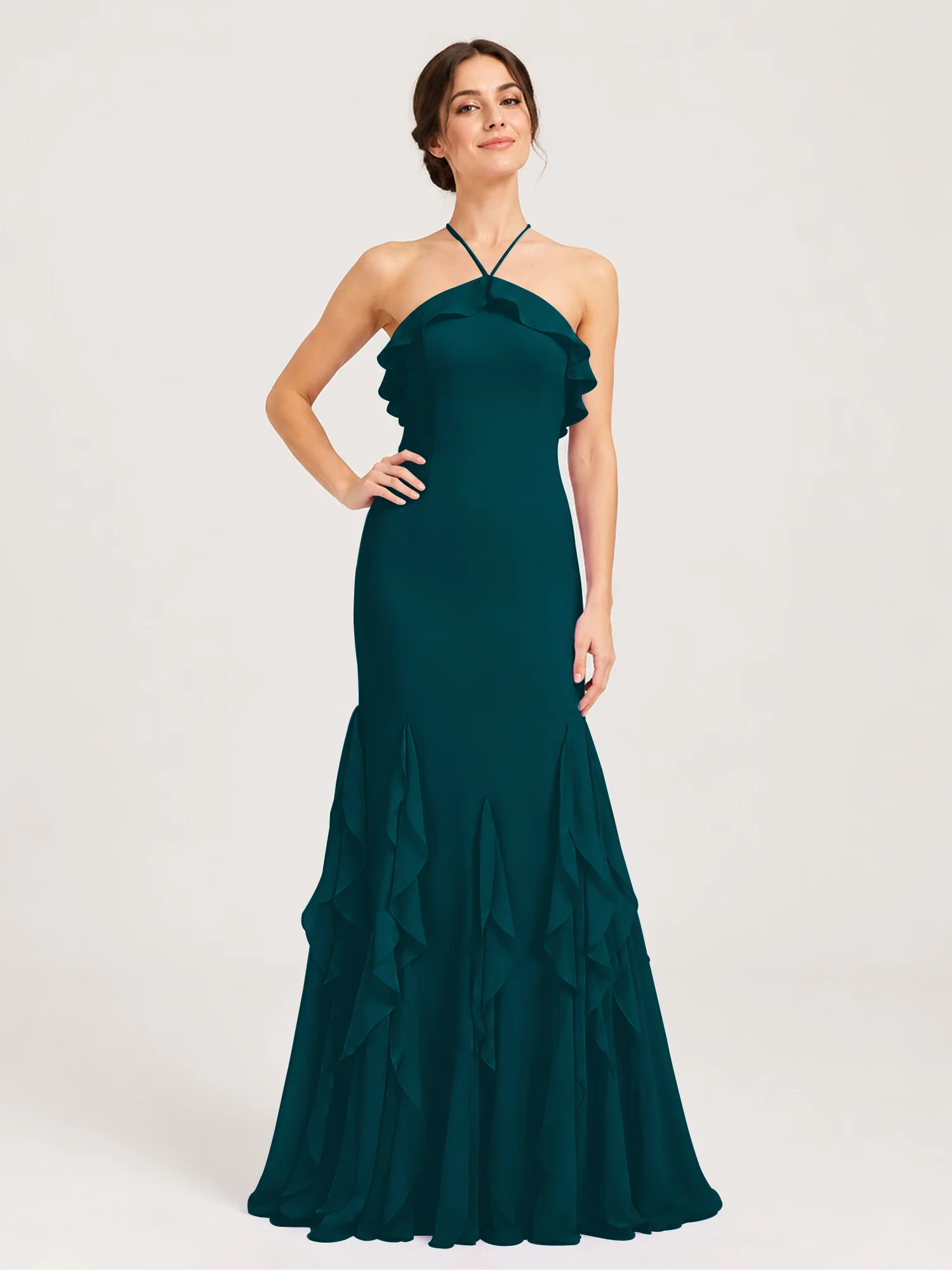 Criss-Cross Lace-Up Back Chiffon Dress with Ruffles Pine