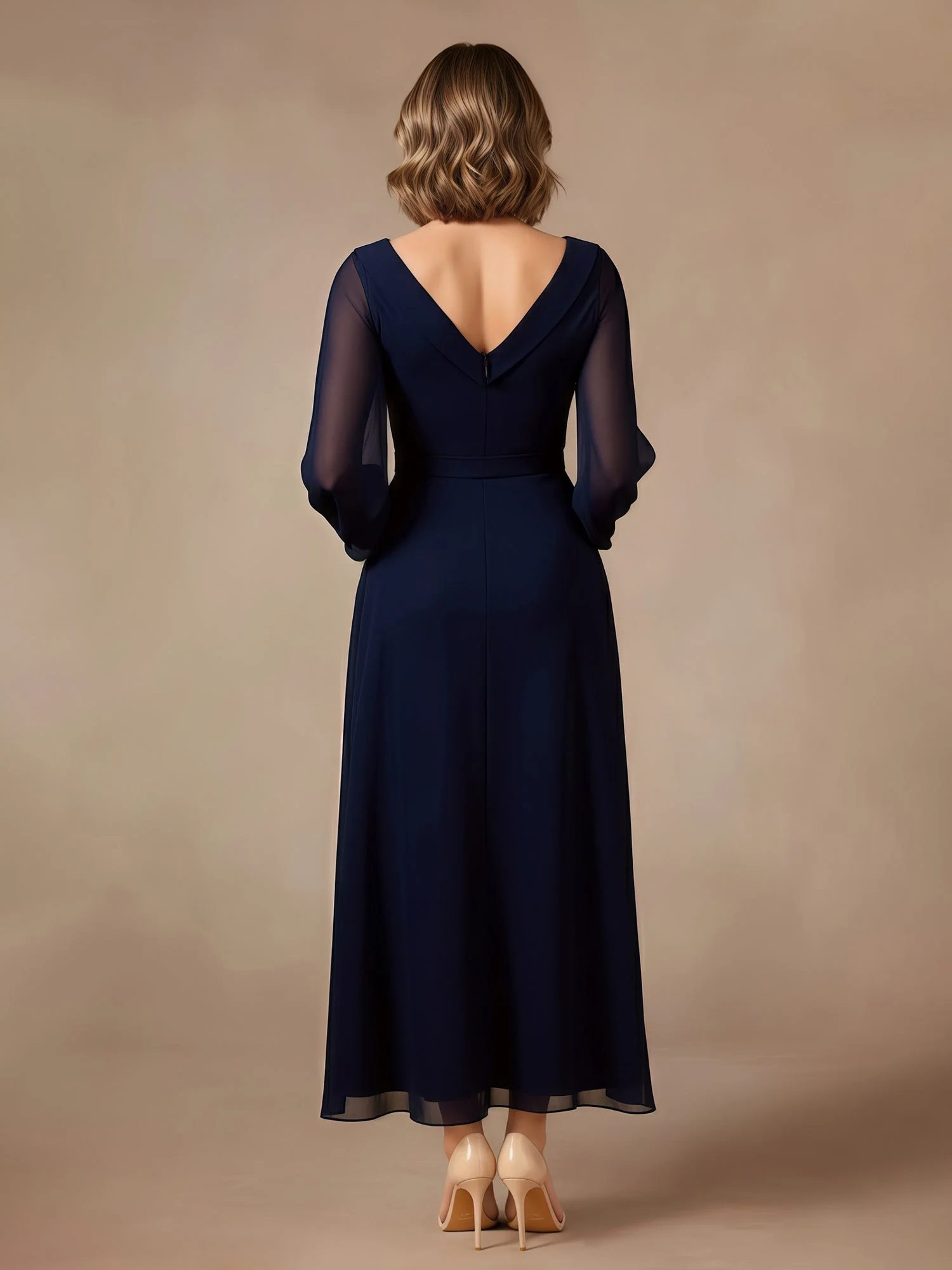 A-Line V-neck Long Sleeves Chiffon Dress Chocolate - Image 2
