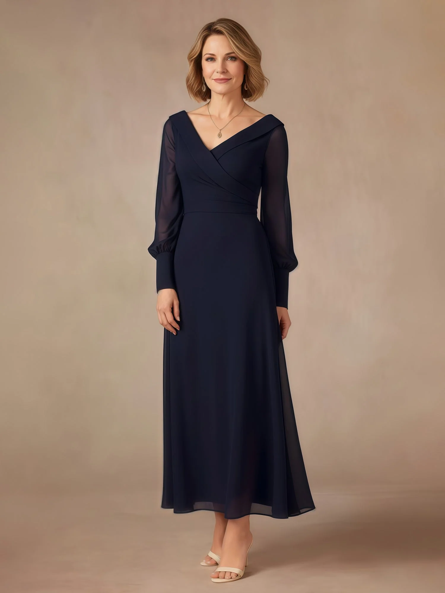 A-Line V-neck Long Sleeves Chiffon Dress Daffodil