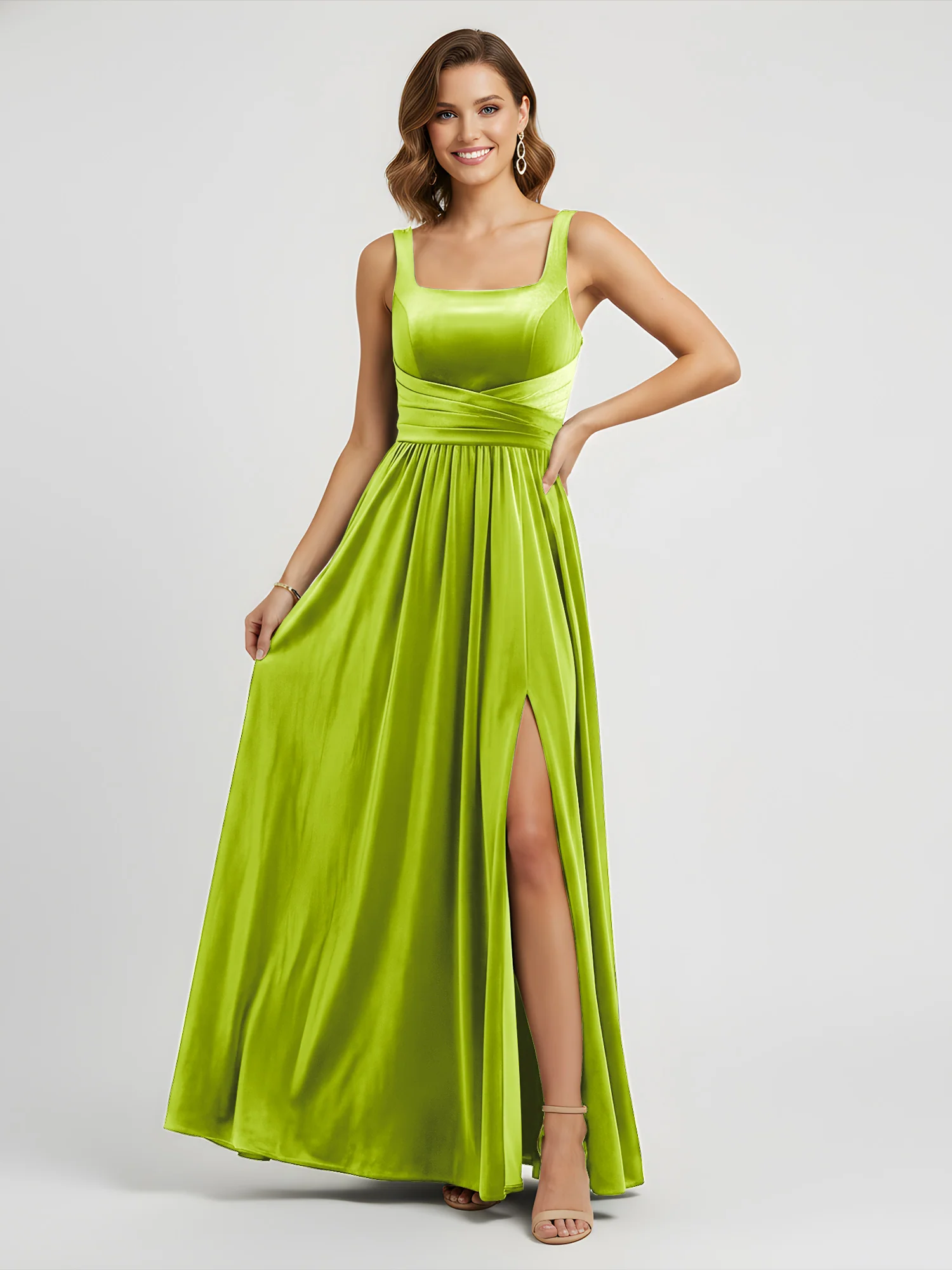 Wide Strap Velvet Pleated Waist Maxi Dress Lime Green