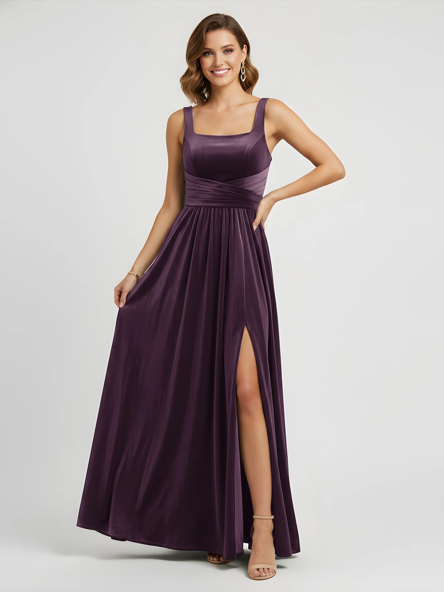 Wide Strap Velvet Pleated Waist Maxi Dress Plum