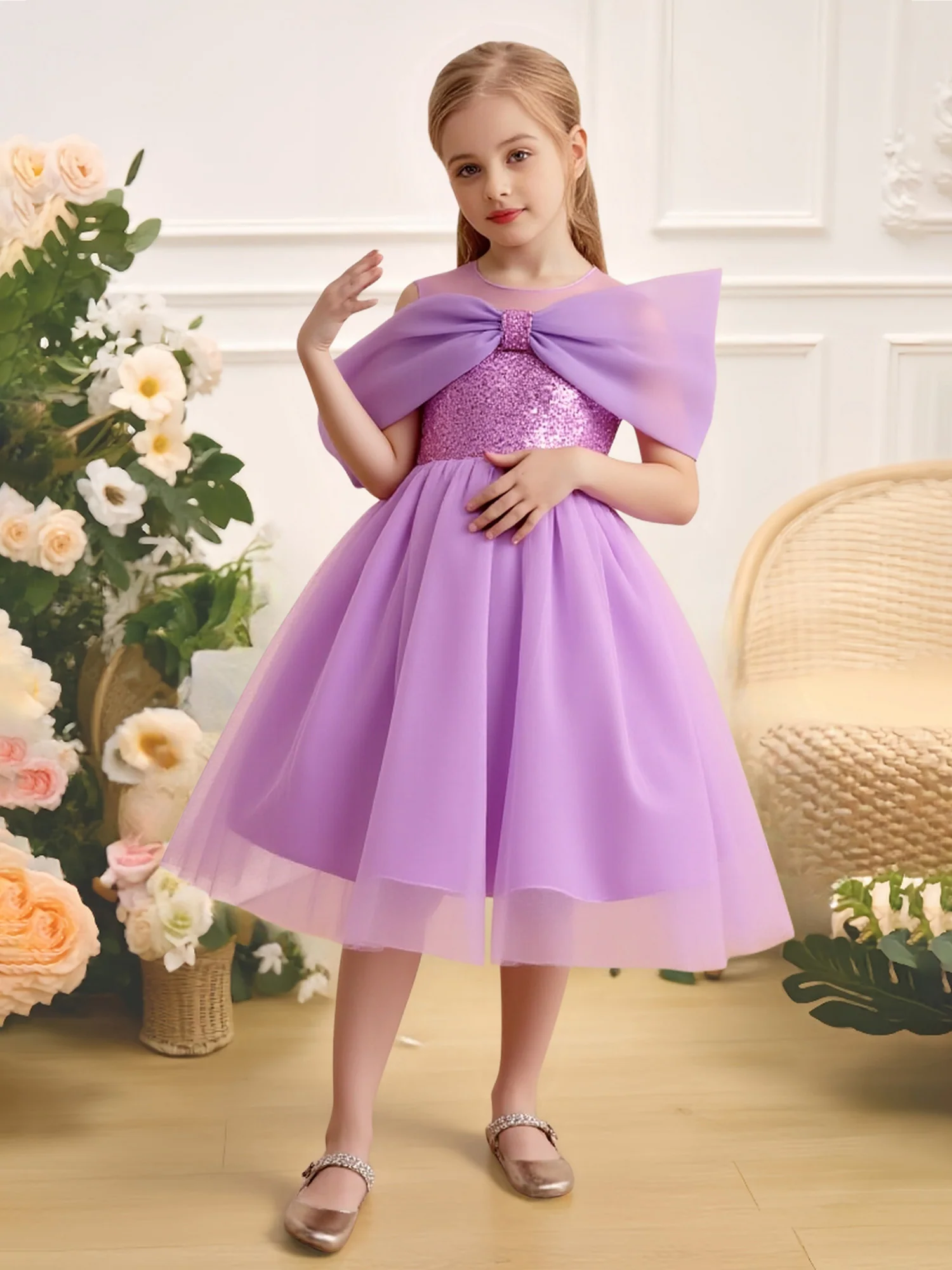 Sequin Bodice Off-Shoulder Tulle Big Bow Flower Girl Dress Tahiti