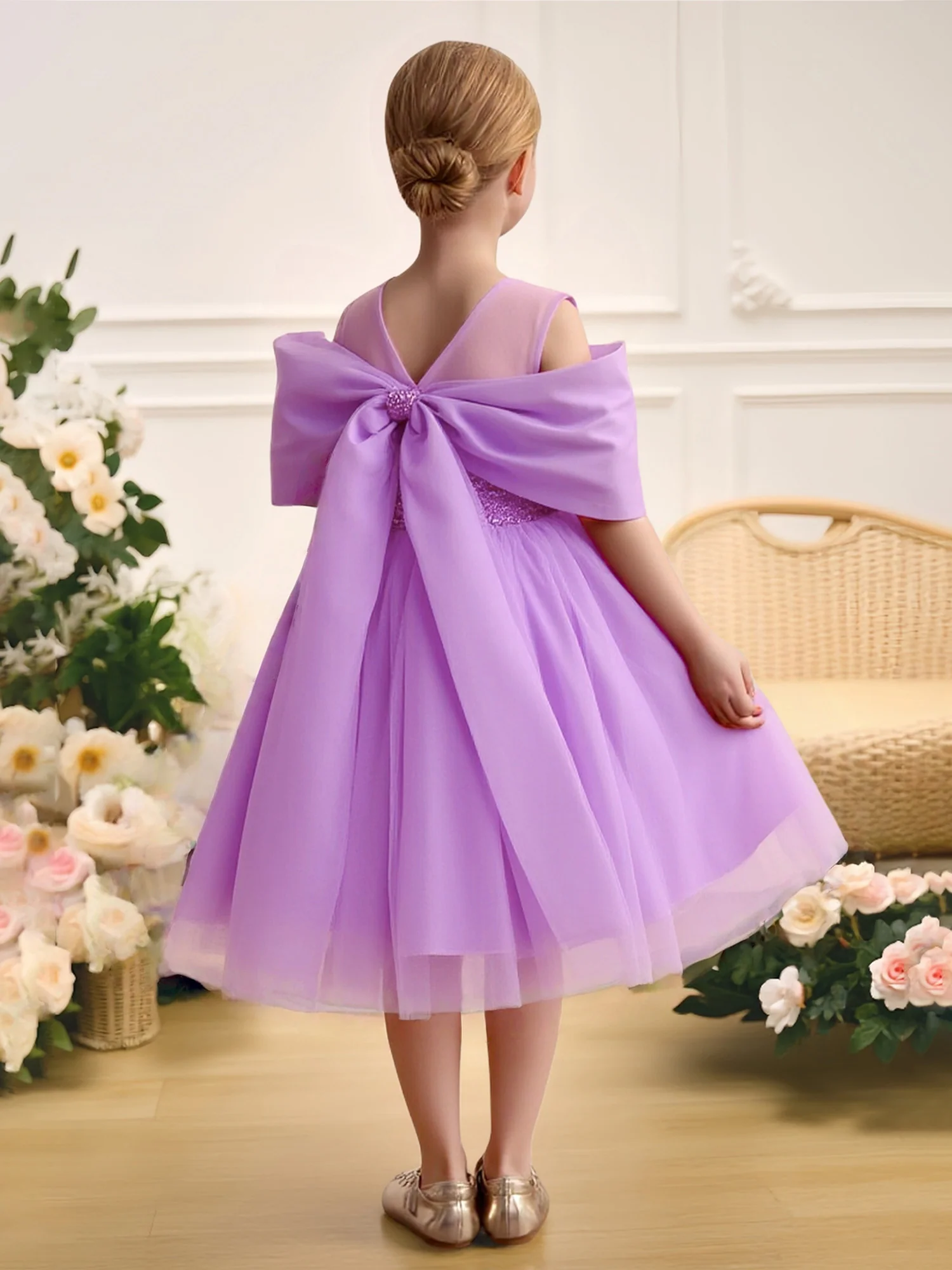 Sequin Bodice Off-Shoulder Tulle Big Bow Flower Girl Dress Tahiti - Image 2
