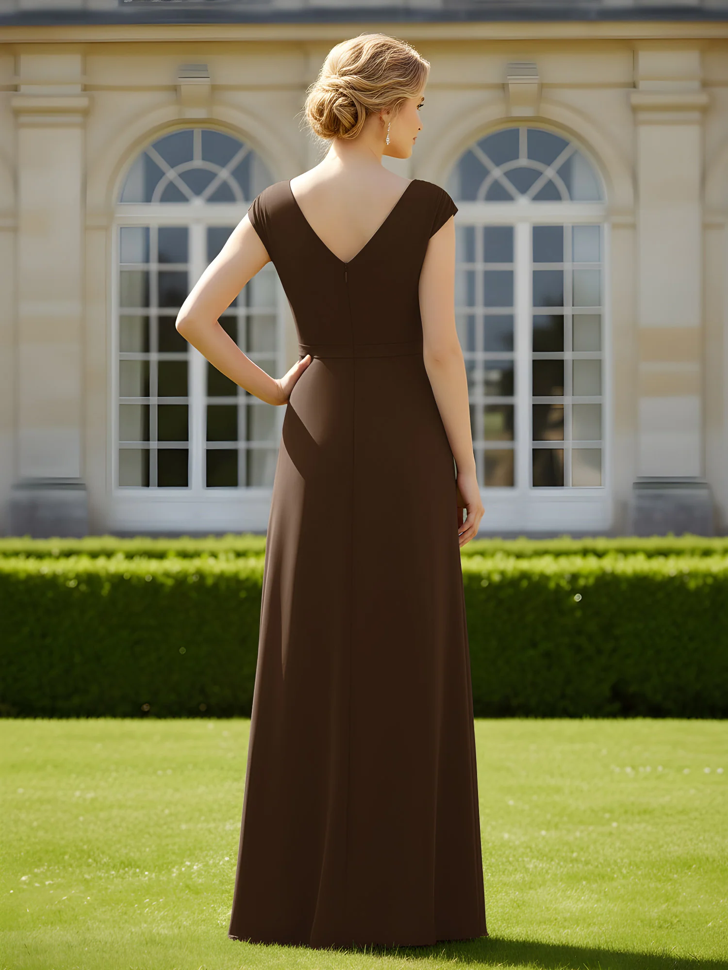 Beaded V-neck Pleated Chiffon A-Line Sequins Dress Brown - Image 2