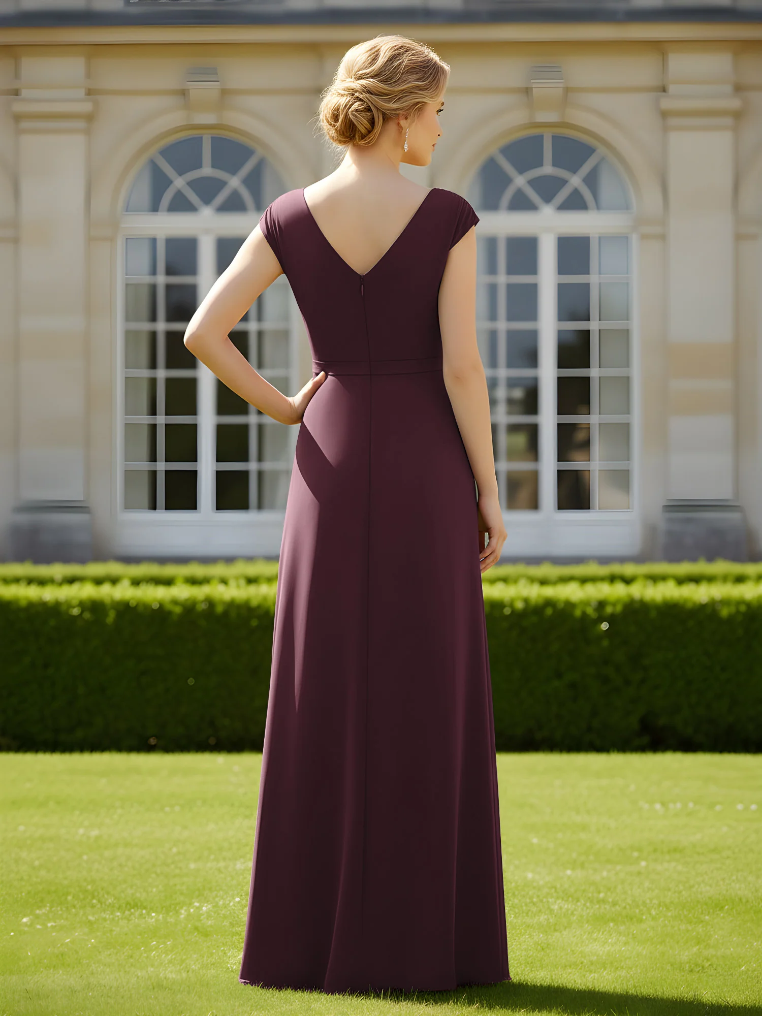 Beaded V-neck Pleated Chiffon A-Line Sequins Dress Cabernet - Image 2