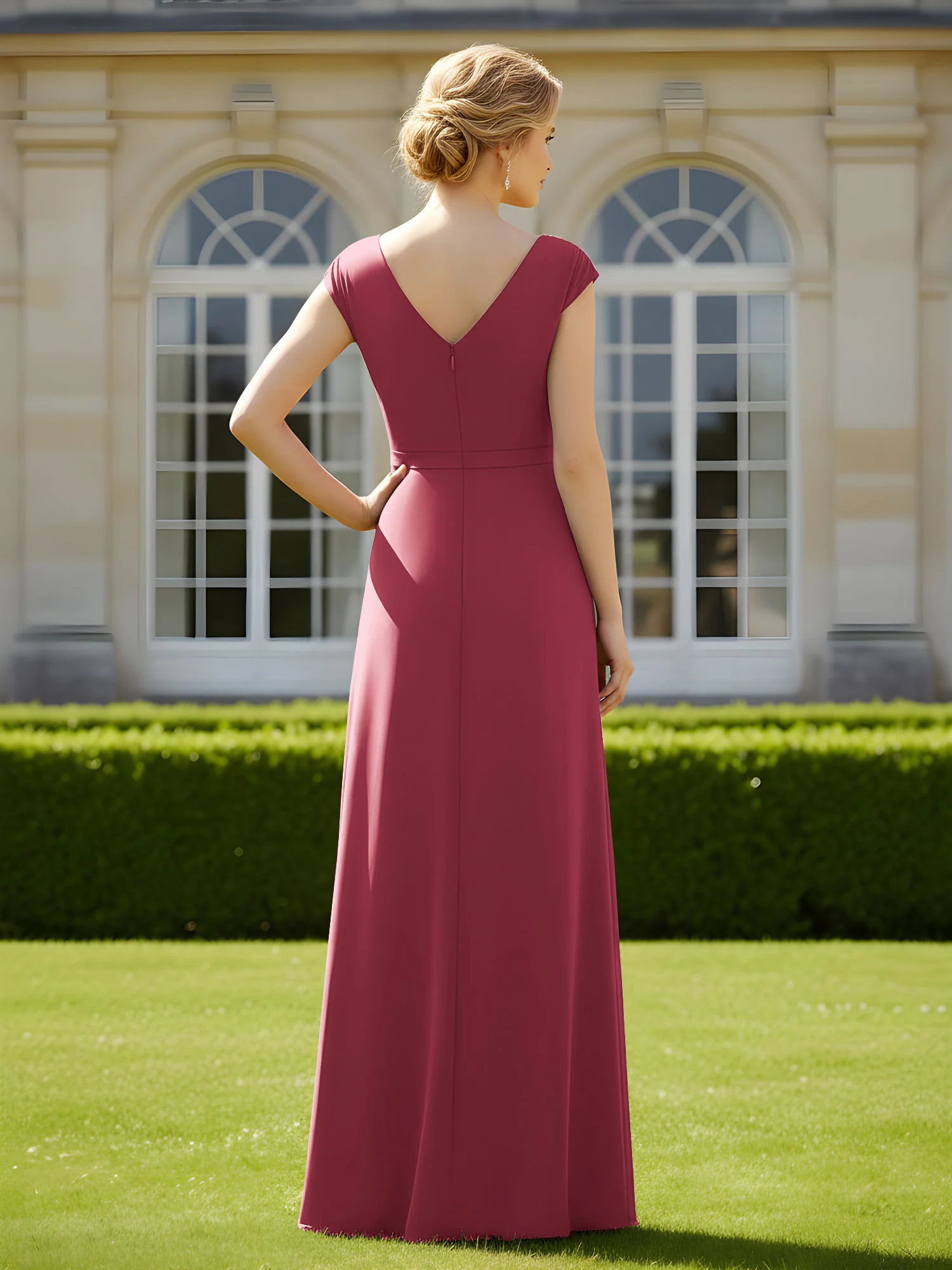 Beaded V-neck Pleated Chiffon A-Line Sequins Dress Cinnamon Rose - Image 2