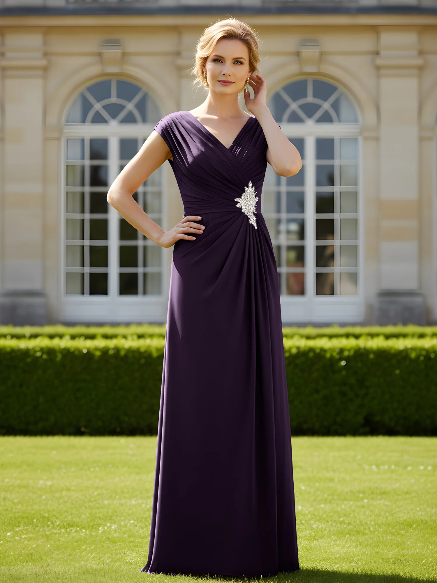 Beaded V-neck Pleated Chiffon A-Line Sequins Dress Plum
