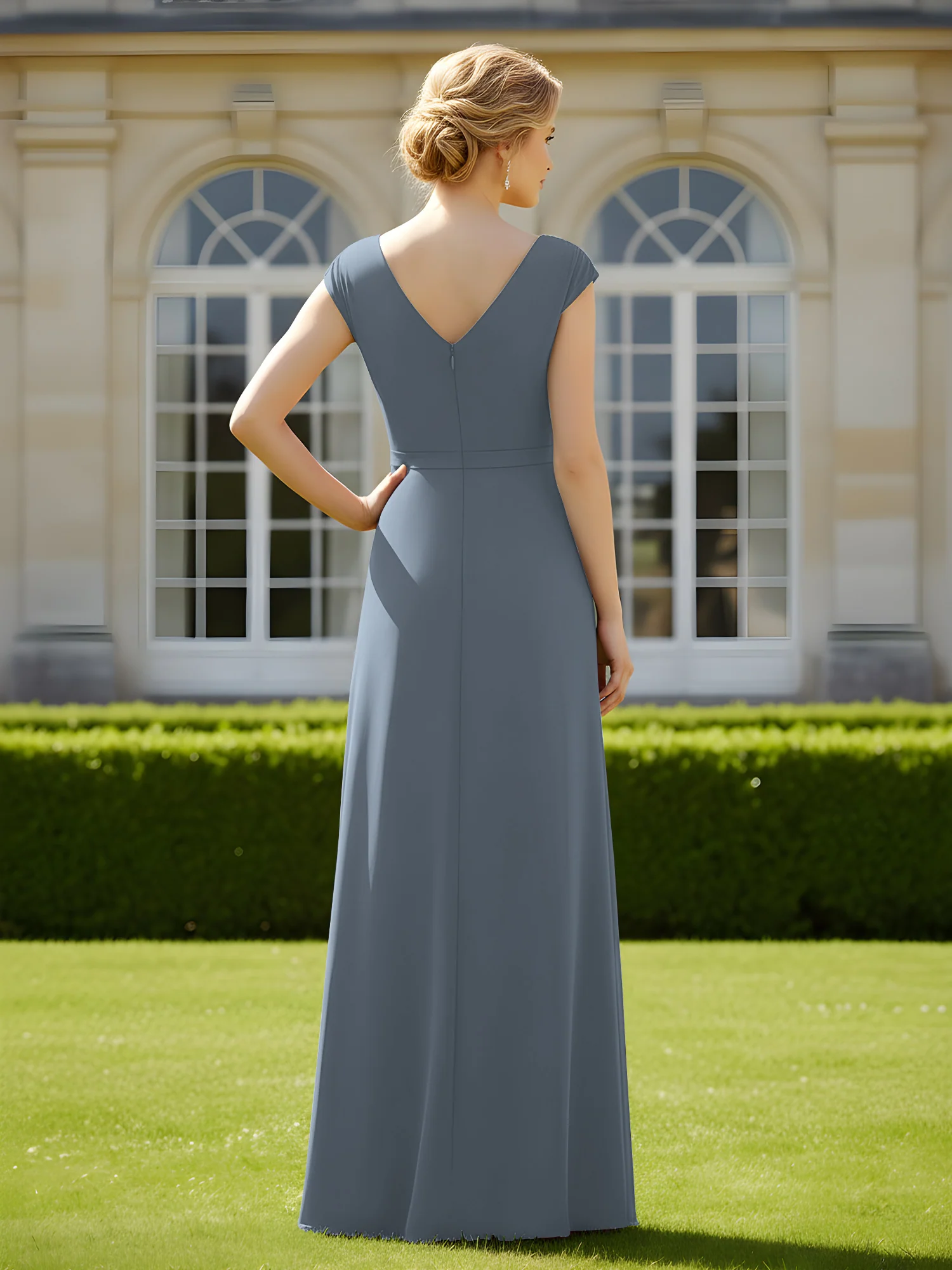 Beaded V-neck Pleated Chiffon A-Line Sequins Dress Slate Blue - Image 2