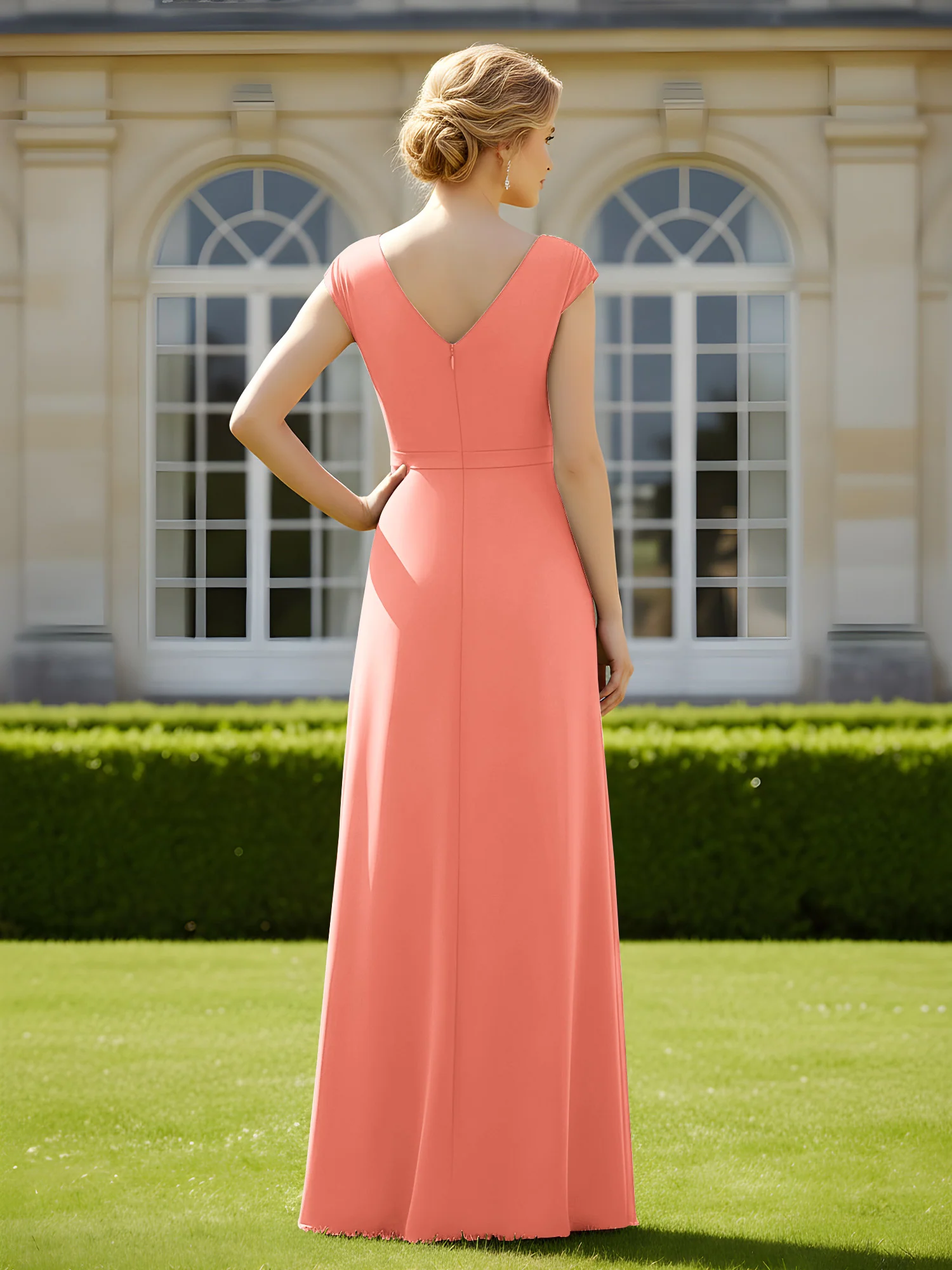 Beaded V-neck Pleated Chiffon A-Line Sequins Dress Sunset - Image 2
